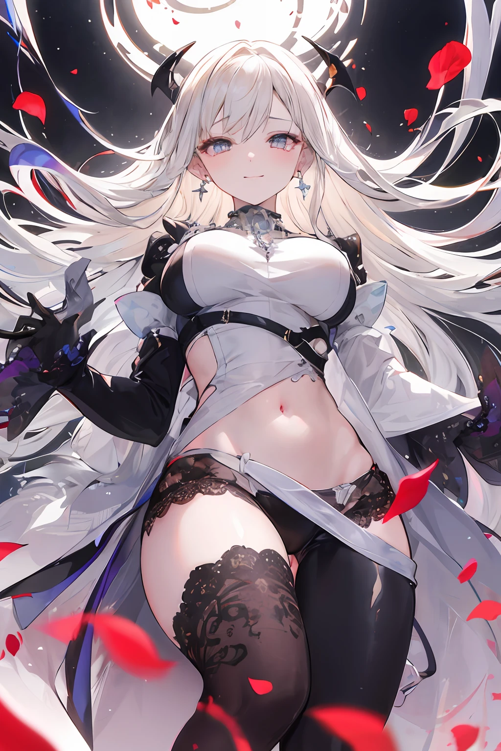 demon, whole body, from_below, solo focus, mysterious, Extremely gorgeous metal style, girl,woman,female, absurdly long hair, big hair, wept bangs, floating hair, sidelocks, Pick and dye black hair in white hair, two-tone hair, beautiful detailed Glass hair, delicate beautiful face, smile, Iridescence and rainbow eyes, closed_mouth, Delicate arms and hands, large_breasts, midriff, blonde eyes, white skin, delicate metal decorations, earrings, Beautifully gorgeous necklace, demon wing, elbow_gloves, flowing lace, surreal, intricate light, Flying red petals, lens flare, absurdres, highres, very fine 8KCG wallpapers,