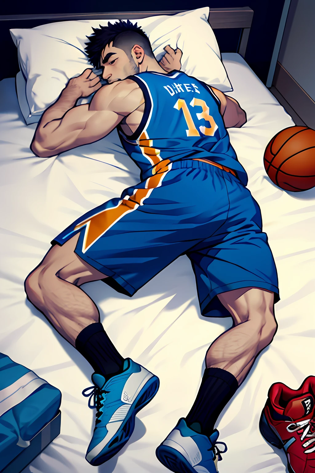 Lie down in bed,1boy,lewd poses,Exposure to urine,Cock your ass,Wear basketball shoes,NSFW,Pet the eggs,