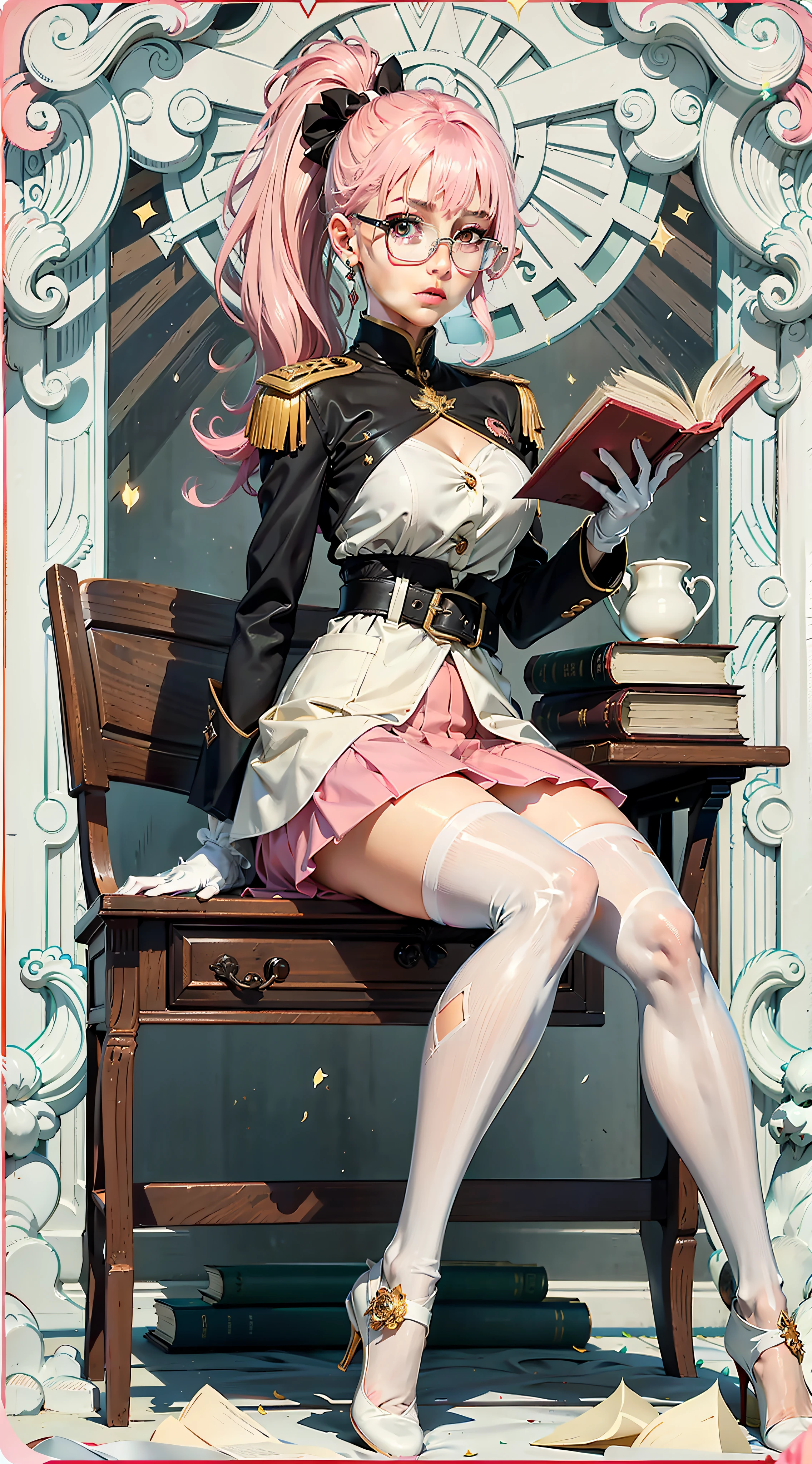 Pink hair,High long ponytail,round frame glasses,Year of the cardamom,Pink over-the-knee skirt,Translucent white stockings,library,Librarian,Reading,desks,Tsundere,White and tender,Wearing white gloves,plain face,Slim,little breast,in one hand Holding a book,World Masterpieces,Clear conditioning,Gao cold eyes,Reddish cheeks,having fun,HighestQuali,eyes highlights,Vivid,Eyes facing the lenses,Erudition,Female general,8K,leathery,Slim,high light,shadowing,Wrap the chest,The expression was serious,Not exposed,Majesty