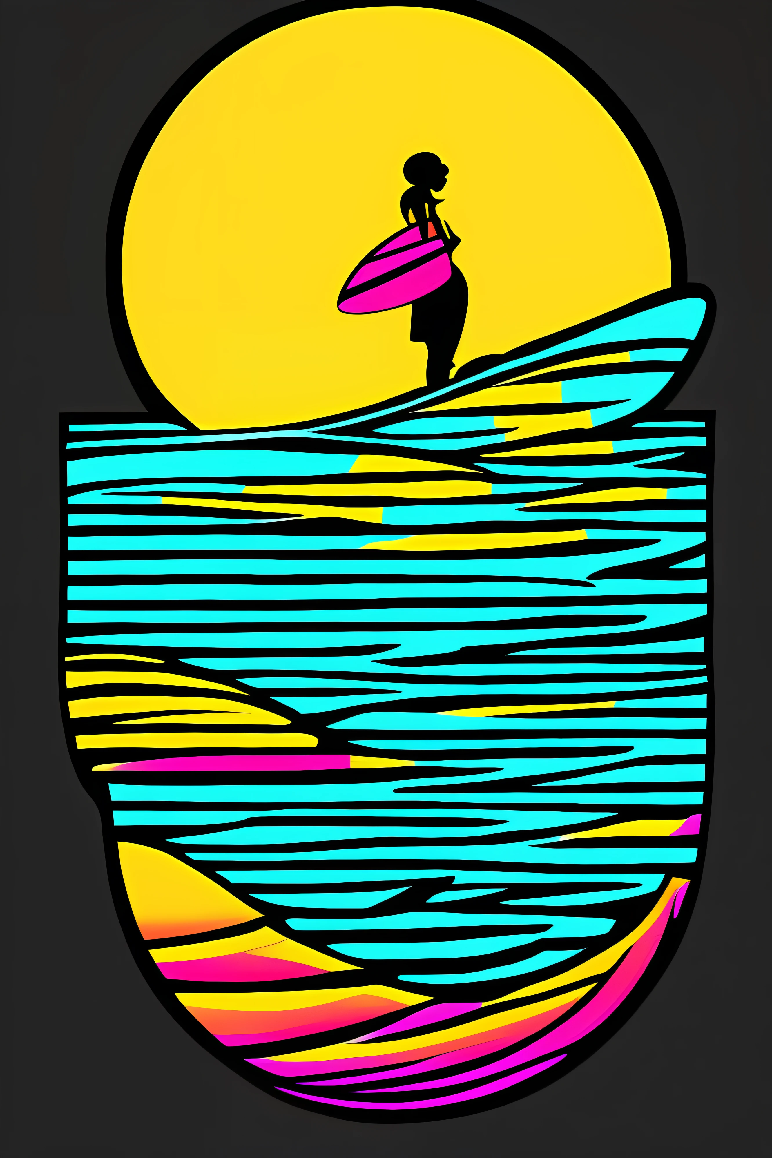 tshirt logo design isolated in black background, (((surfer girl at beach at sunset))), waves patern framming, masterpiece, best quality, ((detailed face)), ((award winning)), (High Detail), Sharp, 8k, vectorial art