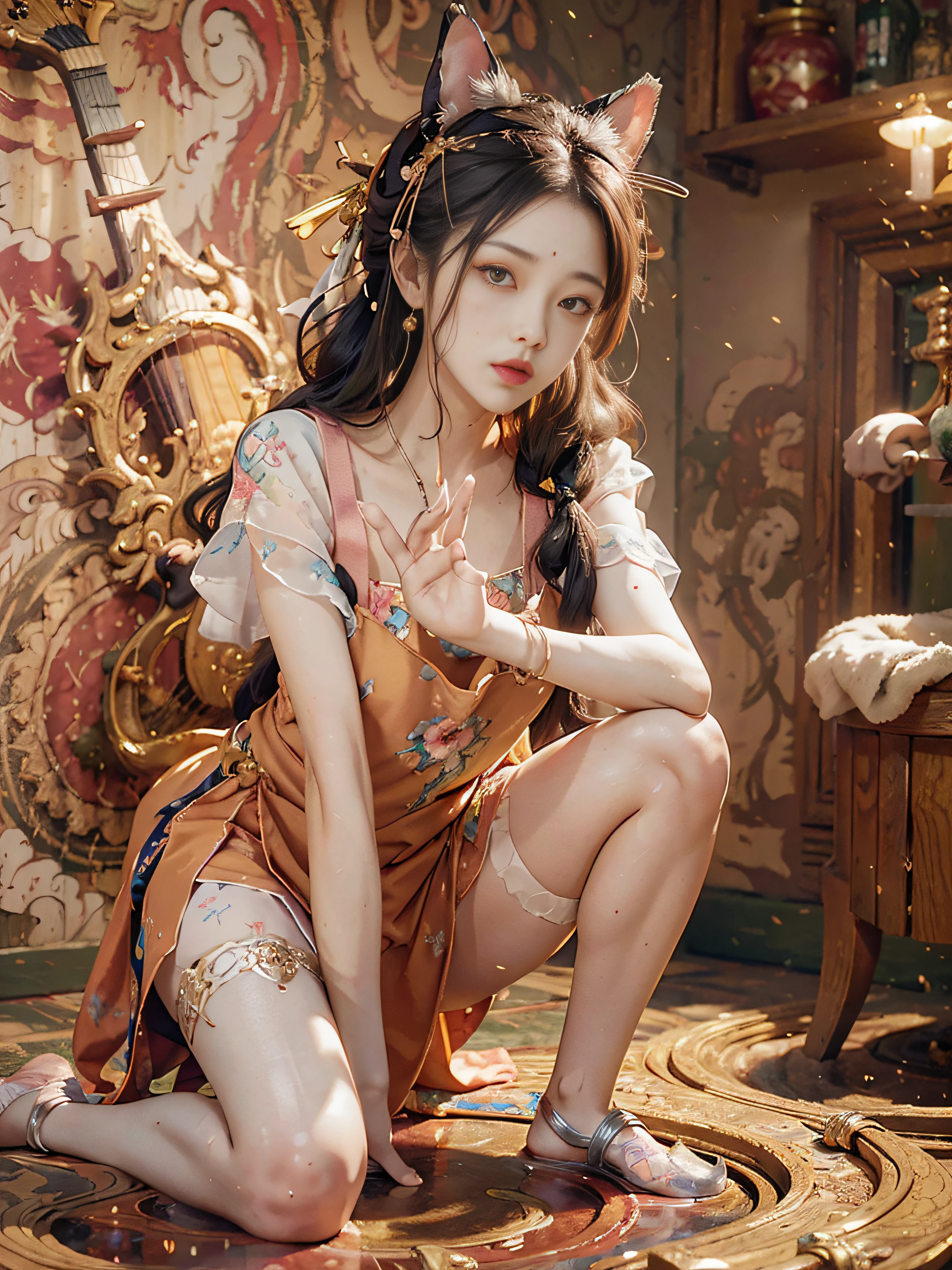 (Hyper-realistic), (illustratio), (A high resolution), (32K), (extremely higly detailed), (Most Best Illustration), (美丽细致的眼睛), (best qualtiy), (ultra - detailed), (tmasterpiece), ( the wallpaper), (Detailed and delicate face), 独奏,peeing self,Pee on the legs,Surrounded by other people,Highly Detailed Face and Skin Textur,Detailed eyes,二重まぶた,Hairpins twist woven balls,Wear large-rimmed glasses,Dressed in pink tulip fairy, Sweet pure lustful lace print embroidery looks through the clothes,Wearing cat ears,spreads her legs apart,Kneeling on both knees,Nervously bow your head,is shy,Embarrassing provocation and shock,Stand with your legs spread,On the floor of a dry men's toilet,A small puddle of her own urine formed around her feet, Very eager to pee, urinating, Wet yourself, Urine discharge, streaming tears, dreads, be desperate, panicking, high detal,October pregnancy potbelly ballet,Wear ballet shoes,(dynamicposes),1 rapariga, Play the lute on the toilet in the bathroom,White wavy hair, korean people, heterochromatic eyes, small mole under eyes, ((aprons)), Bigchest, Long legs, Tightens abs,Wear gold and silver jewelry,(Camel toes),(fishnet stockings),(pantyless),(No bra)