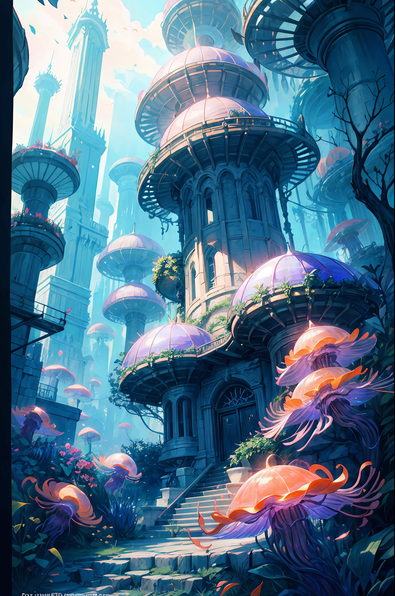 Masterpiece, High Quality, Ocean Forest, City, Fantastic Fantasy, Glowing Plants, Coral Viaduct, (Swarm of Glowing Jellyfish), (Shoal of Fish with Transparent Wings Flying in the Sky), Misty, Extreme Detail, Morning Light, Epic Composition, (Intricate Detail), (Intricate Design, Ultra Detail: 1.2), Art Station, (Masterpiece, Best Quality), Ultra HD, 32k ,castle,1girl
