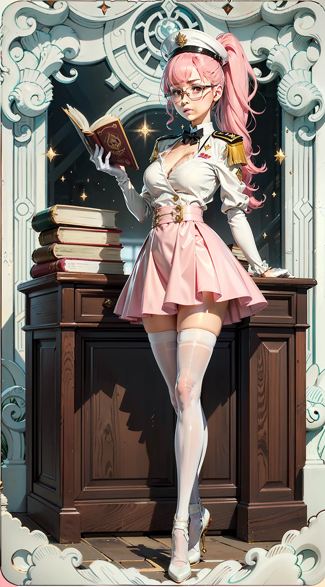 Pink hair，High long ponytail，round frame glasses，Year of the cardamom，Pink over-the-knee skirt，Translucent white stockings，library，Librarian，Reading，desks，Tsundere，White and tender，Wearing white gloves，plain face，Slim，little breast，in one hand Holding a book，World Masterpieces，Clear conditioning，Gao cold eyes，Reddish cheeks，having fun，HighestQuali，eyes highlights，Vivid，Eyes facing the lenses，Erudition,Female general，8K，leathery，Slim，high light，shadowing，Wrap the chest，military hat