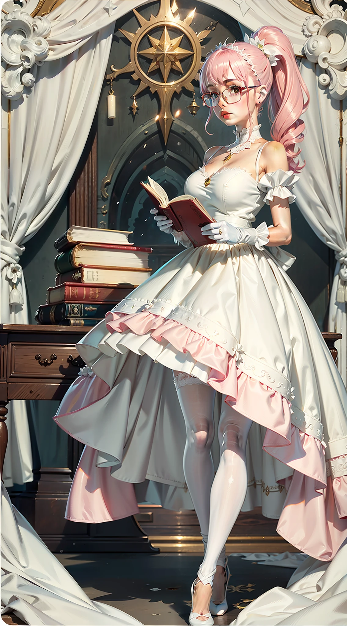 Pink hair，high ponytails，round frame glasses，Year of the cardamom，Long pink dress，Translucent white stockings，library，Librarian，Reading，desks，Tsundere，White and tender，Wearing white gloves，plain face，Slim，little breast，in one hand Holding a book，World Masterpieces，Clear conditioning，Gao cold eyes，Reddish cheeks，mature，having fun，Eyes facing the lenses，HighestQuali，8K，White color blouse，kiddy big breasts，A princess，No makeup，Translucent skirt，wedding gown，the bride，shadowing，high light