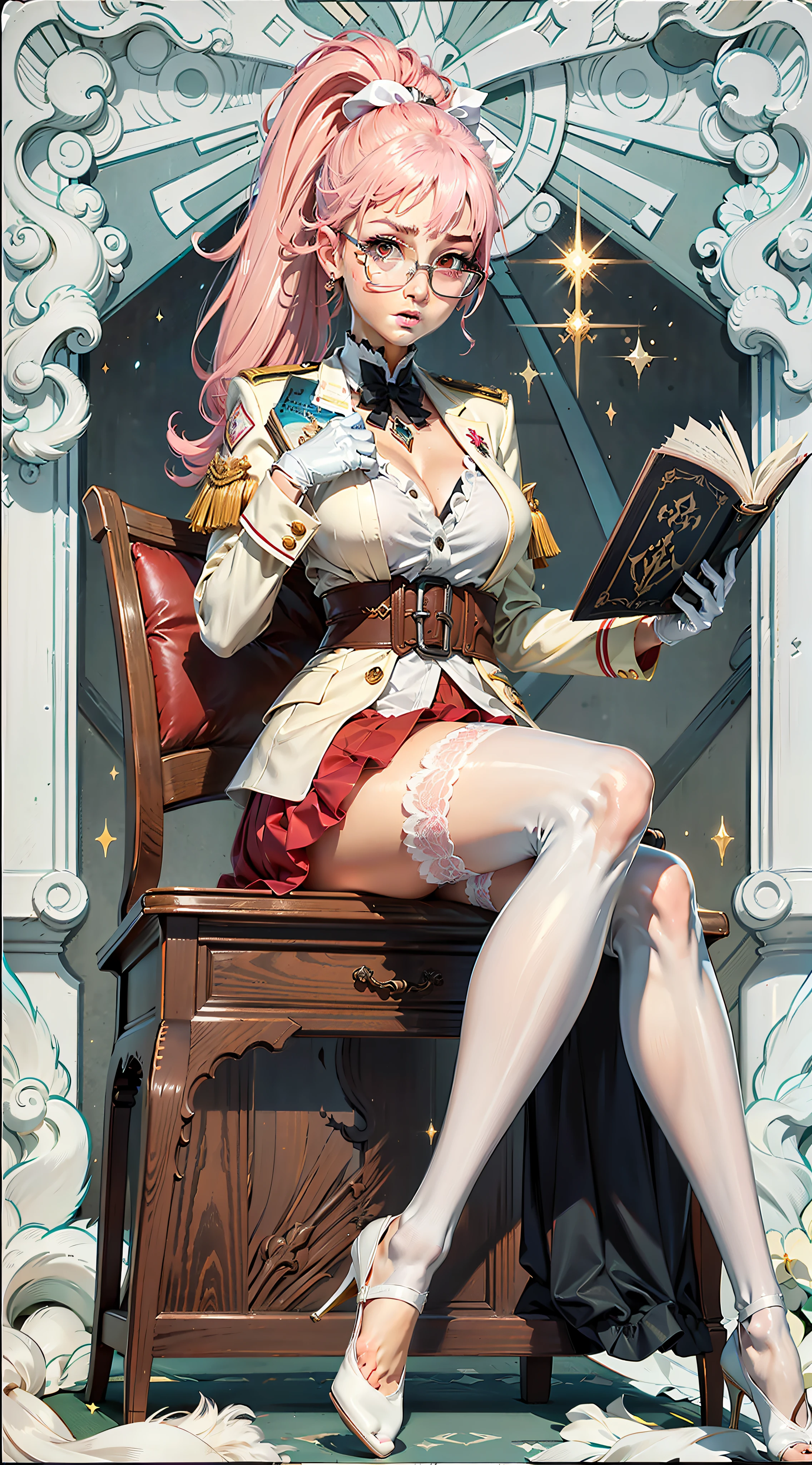 Pink hair，High long ponytail，round frame glasses，Year of the cardamom，Pink over-the-knee skirt，Translucent white stockings，library，Librarian，Reading，desks，Tsundere，White and tender，Wearing white gloves，plain face，Slim，little breast，in one hand Holding a book，World Masterpieces，Clear conditioning，Gao cold eyes，Reddish cheeks，having fun，HighestQuali，eyes highlights，Vivid，Eyes facing the lenses，Erudition,Female general，8K，leathery，Slim，high light，shadowing，Wrap the chest，The expression was serious，Not exposed