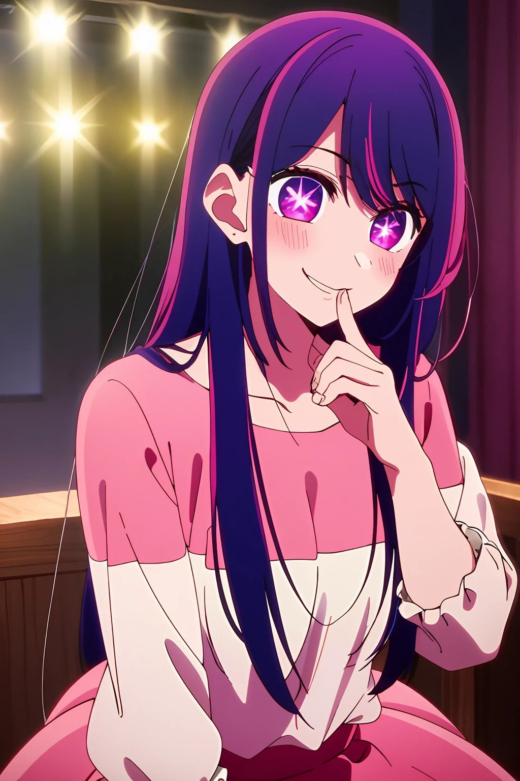 masterpiece、ighly detailed、(1 girl in:1.2)、purple color hair、pink dress、big eye、a closeup、A smile、8K、Ai Hoshino、Live performance venue