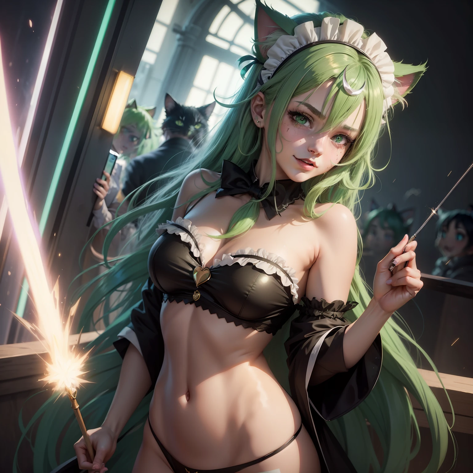 streaked hair, green hair, maid headdress, mole under eye, pupils sparkling, cat ears, stifled laugh, anime, Pop art, cinematic lighting, UHD, masterpiece, best quality, 4K