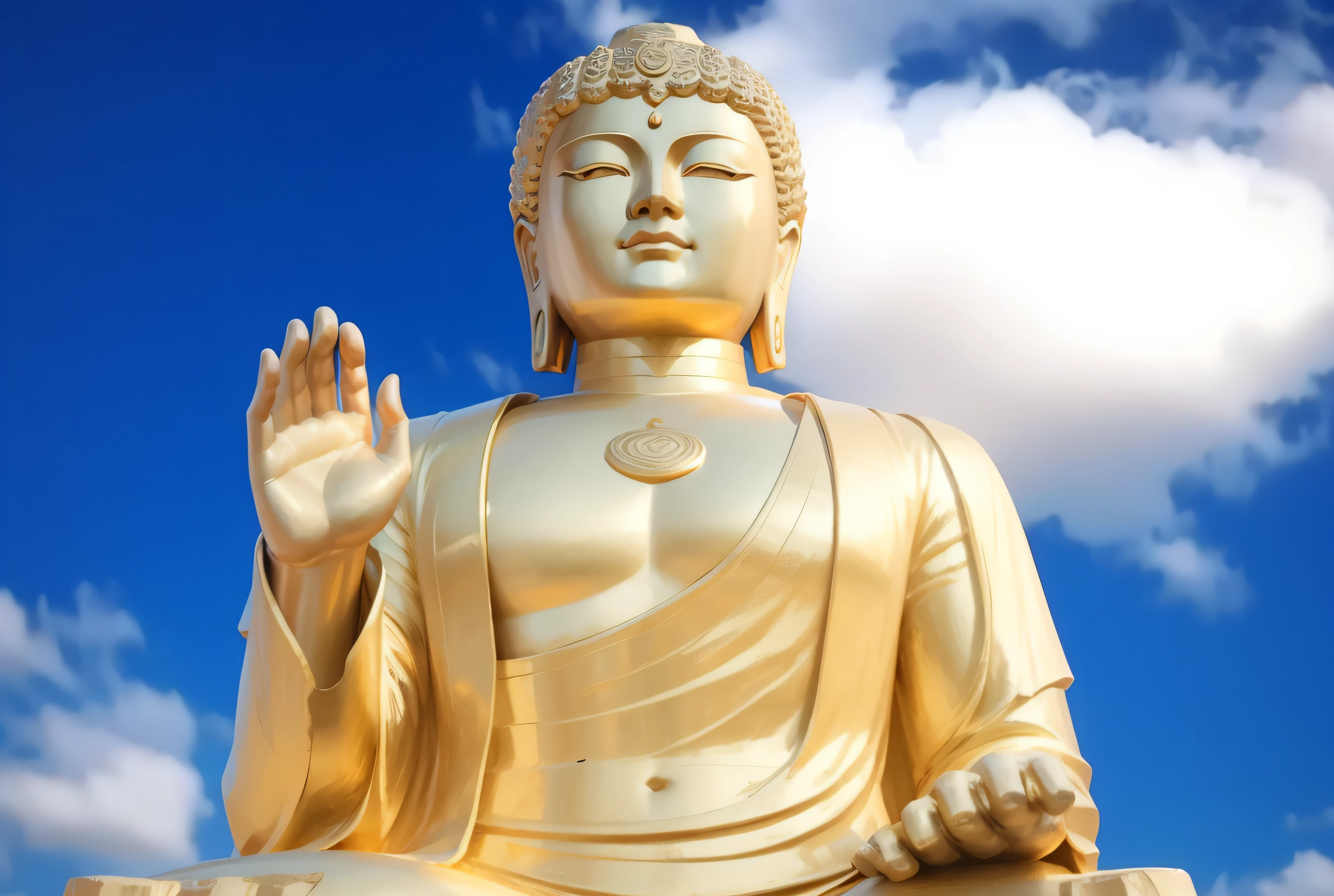 Statue of Man Arafeld sitting on rock in sky background, Buddhism, a Buddhist Buddha, Buddha, Buddhist, Beautiful image, buddhist architecture, buddhist art, Wonderful, A beautiful, Peaceful, samsara, peace, large view, sculpture made of gold, an beautiful, 4 0 9 6, bodhisattva, full - view, peace,Mogao Grottoes, Buddha, Buddhist, a Buddhist Buddha, buddhist architecture, Buddhism, Ancient Chinese architecture, buddhist art, intricate stone carvings, highly detailed carvings, stone carvings, huge statues, giant clay statue, large stone statues of heroes, photograph taken in 2 0 2 0, The stonework,Copper-colored face,Copper,Copper-colored facial skin,Copper-colored facial fullness, peaceful expression,Realphotos,8K quality,hyper HD