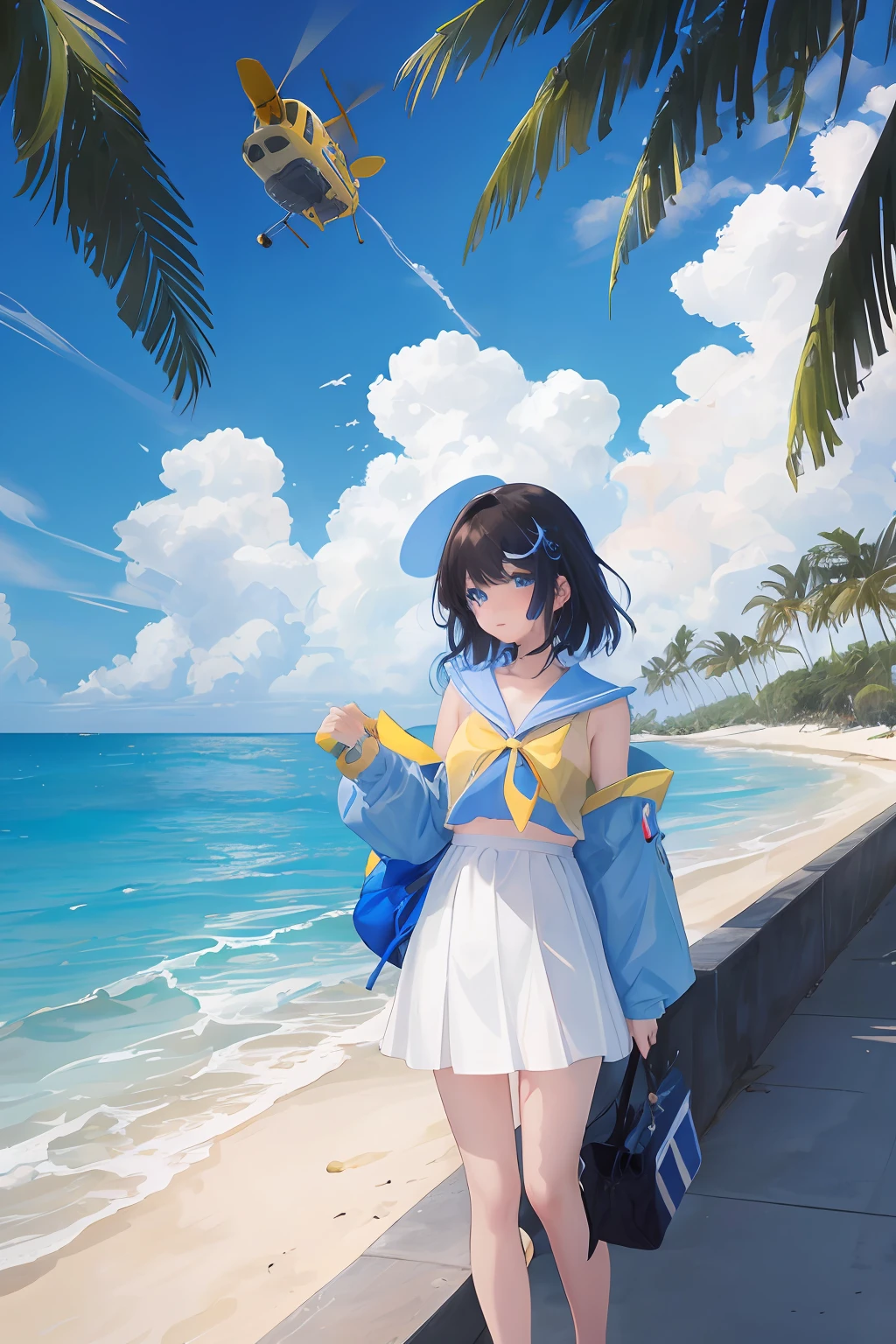 shorth hair、Brown hair、Art by Cornflower、dream-like(With blue eyes and long black hair、age beautiful anime style girl。pale yellow shiny,、long-sleeve、Chest opened、pink there、Wearing a swimsuit with a long skirt of white。Yellow and yellow hearts are posing with their hands on their hips。In front of the beach and bright blue sky with clouds、There are palm trees in the background on both sides of the photo、There are a lot of trees。Blue and yellow fish swim in the sea、Police helicopter with lights on flying over a girl)