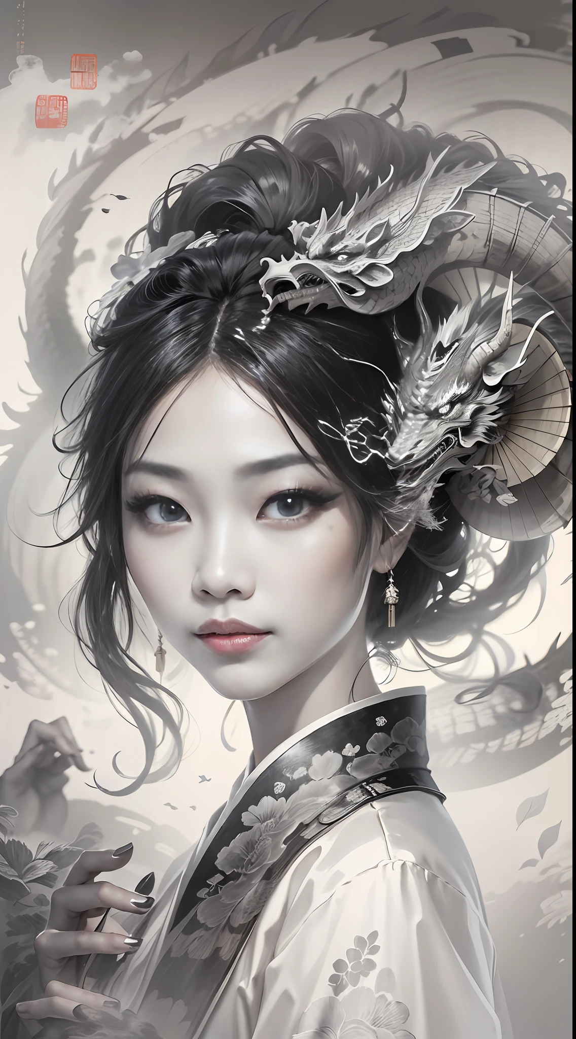 a chinese girl with a Circular fan in her hand,beautiful eyes,(a chinese dragon is behind her),fantacy,Chinese style,Black and white ink painting,(best quality,Extreme detail:1.5),8k,