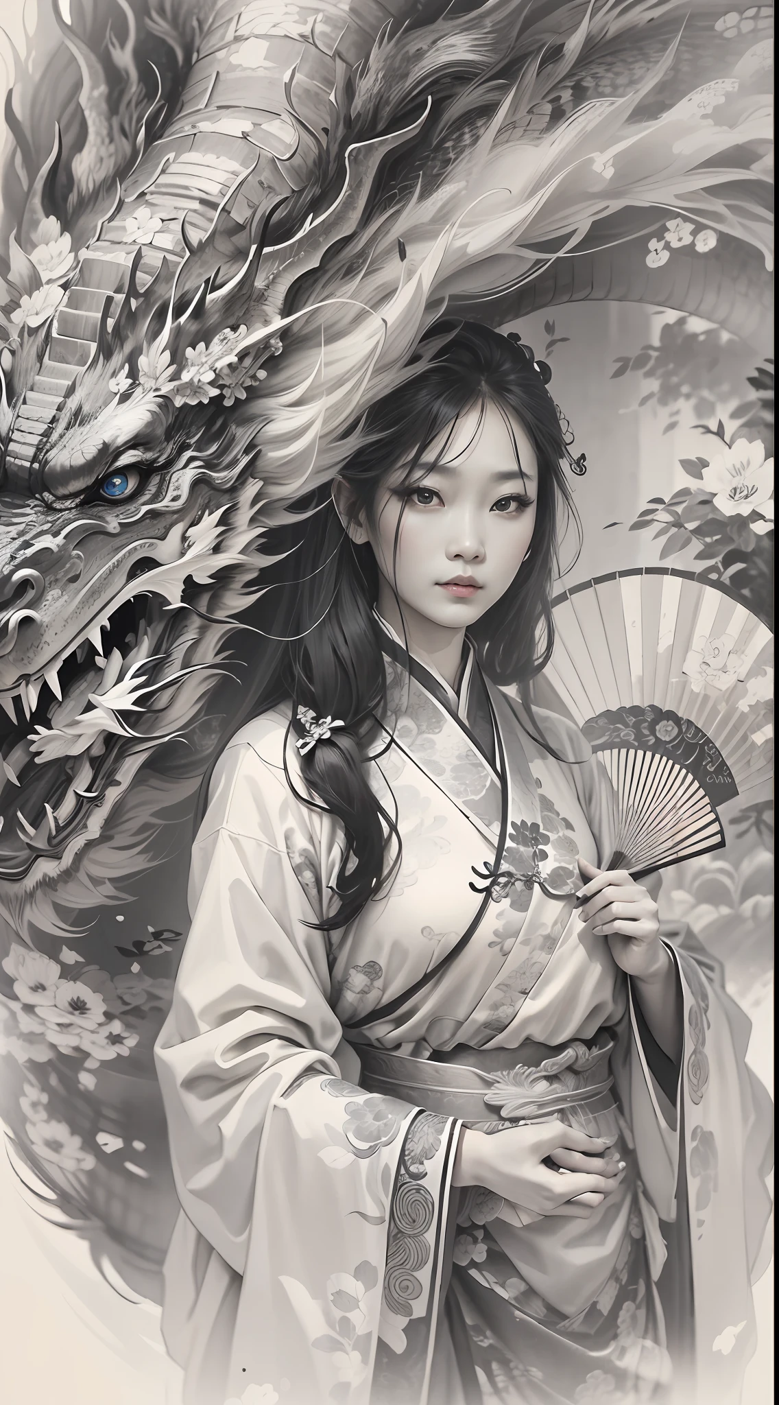 a chinese girl with a Circular fan in her hand,beautiful eyes,(a chinese dragon is behind her),fantacy,Chinese style,Black and white ink painting,(best quality,Extreme detail:1.5),8k,