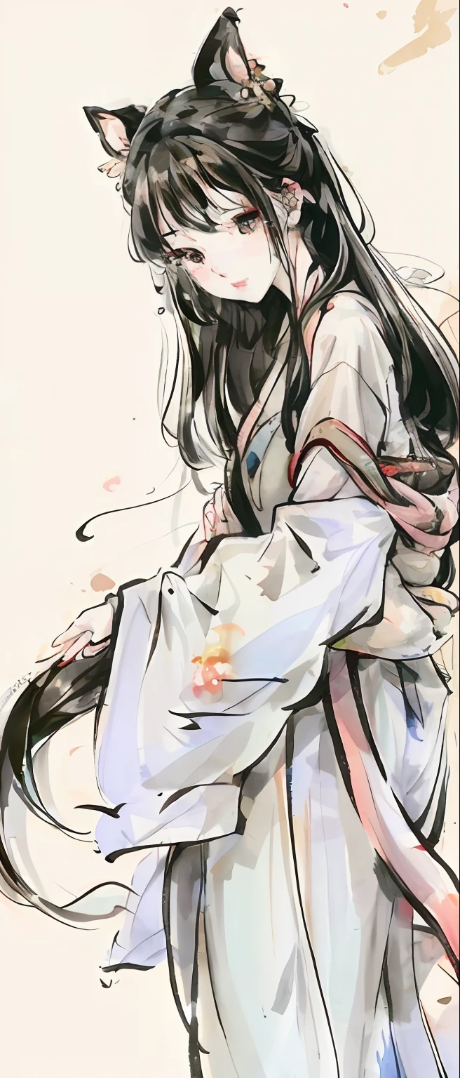 ((4k,masterpiece,best quality)), shuimobysim, Traditional chinese painting, lotuses, Hanfu, maxiskit, dress conservatively 1 girl, 独奏, whaite hair, long whitr hair, fox ear, white colors, 比基尼, The fish, Many fish are close to the girl, looking at viewert, Titillating,24 year old female model face,Particularly bright light,a matural female