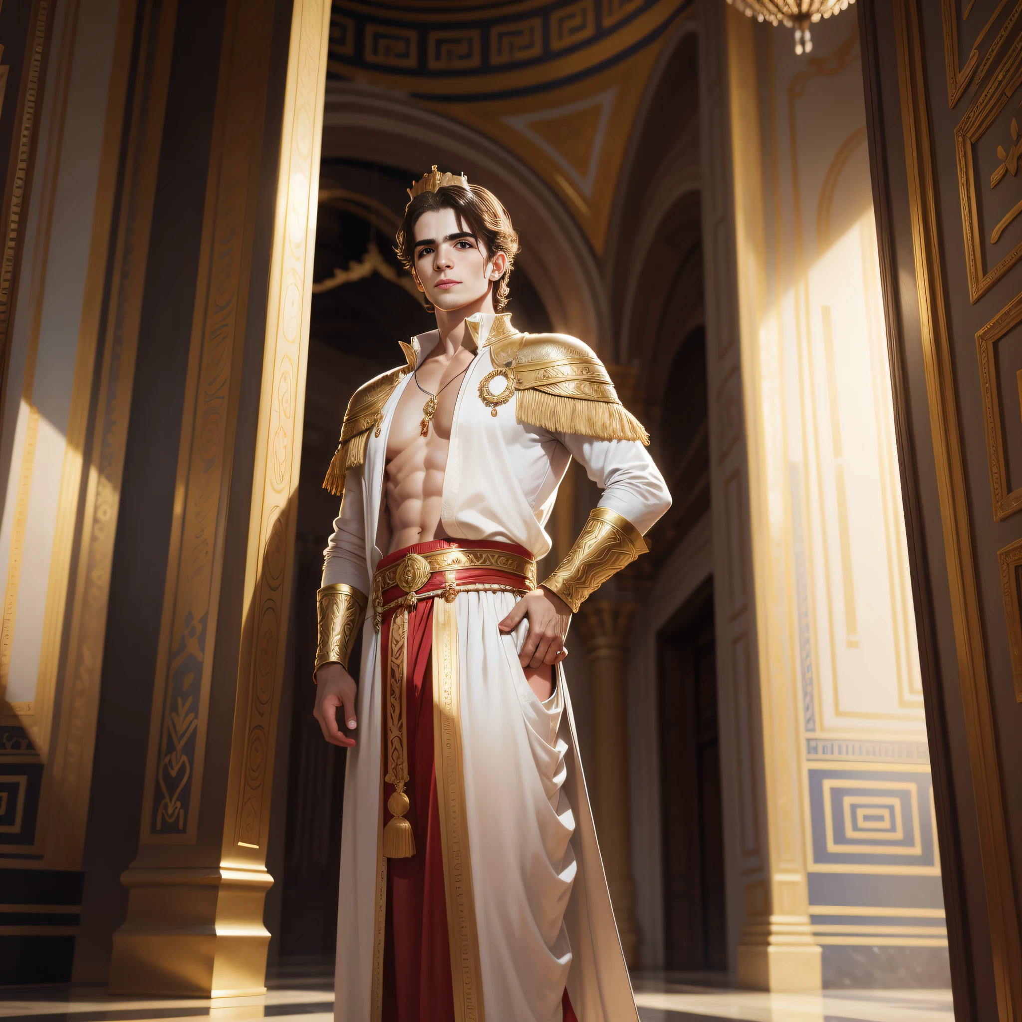 Greek prince,standing in the palace,Crown on head