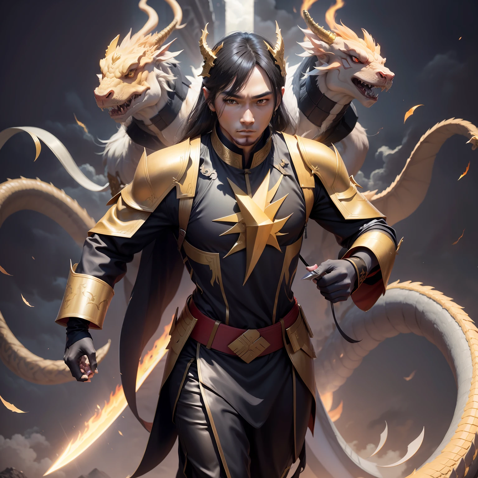 chinesedragon， drak， a Oriental Dragons， arma， The sword， halter， holdingweapon， 32K, Top quality, Masterpiece:Faust，,1boys， long whitr hair， ​​clouds， standing on your feet， （tmasterpiece，k hd，hyper HD）,clutching a sword， buliding， Reflectors， bloods， east asian architecture， malefocus， Skysky， pony tails， brunette color hair， knifes， exteriors， trouser， firey， mostly cloudy sky， banya， Linen clothes， bandagens， sword sheath， ， 独奏