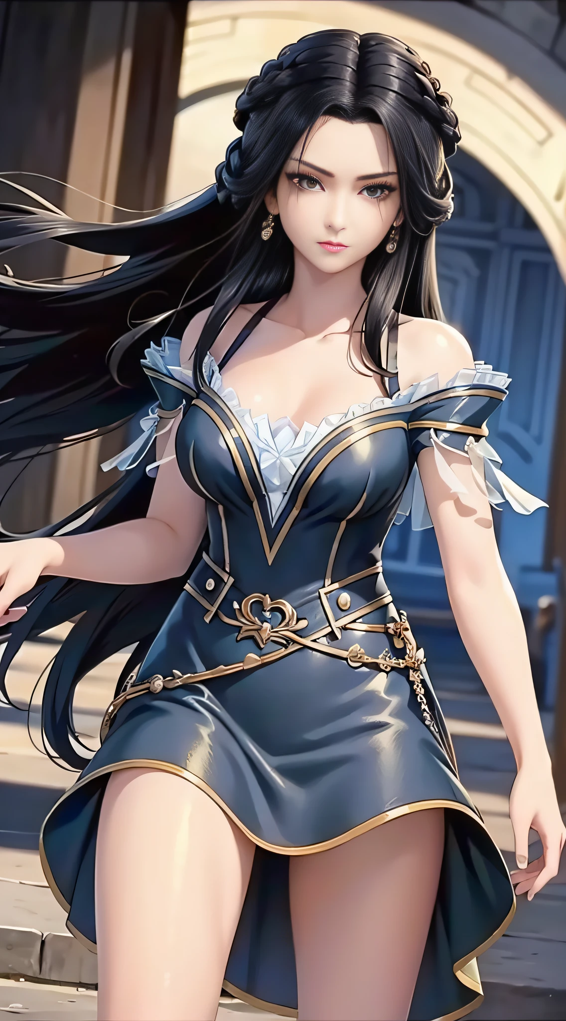 masterpiece,best quality,1girl, black hair, bare shoulders, long hair, dress,cowboy shot, dynamic pose, dynamic angle,