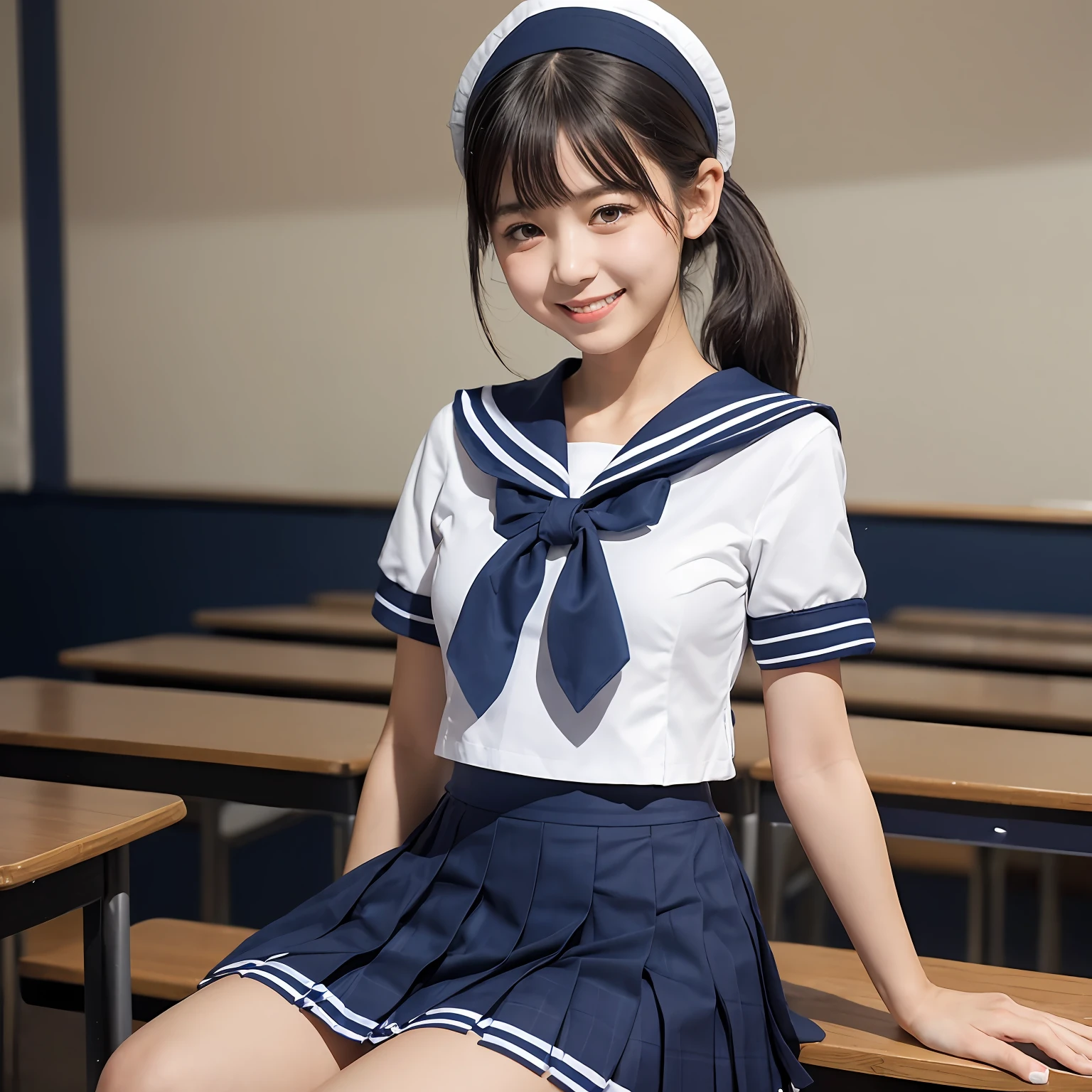 maior, slim figure, femele, (((White short-sleeved sailor suit))), (((Pleated skirt with dark blue check))), A smile, Colossal tits, bangss, a , Classroom,realskin, poneyTail, , , ,