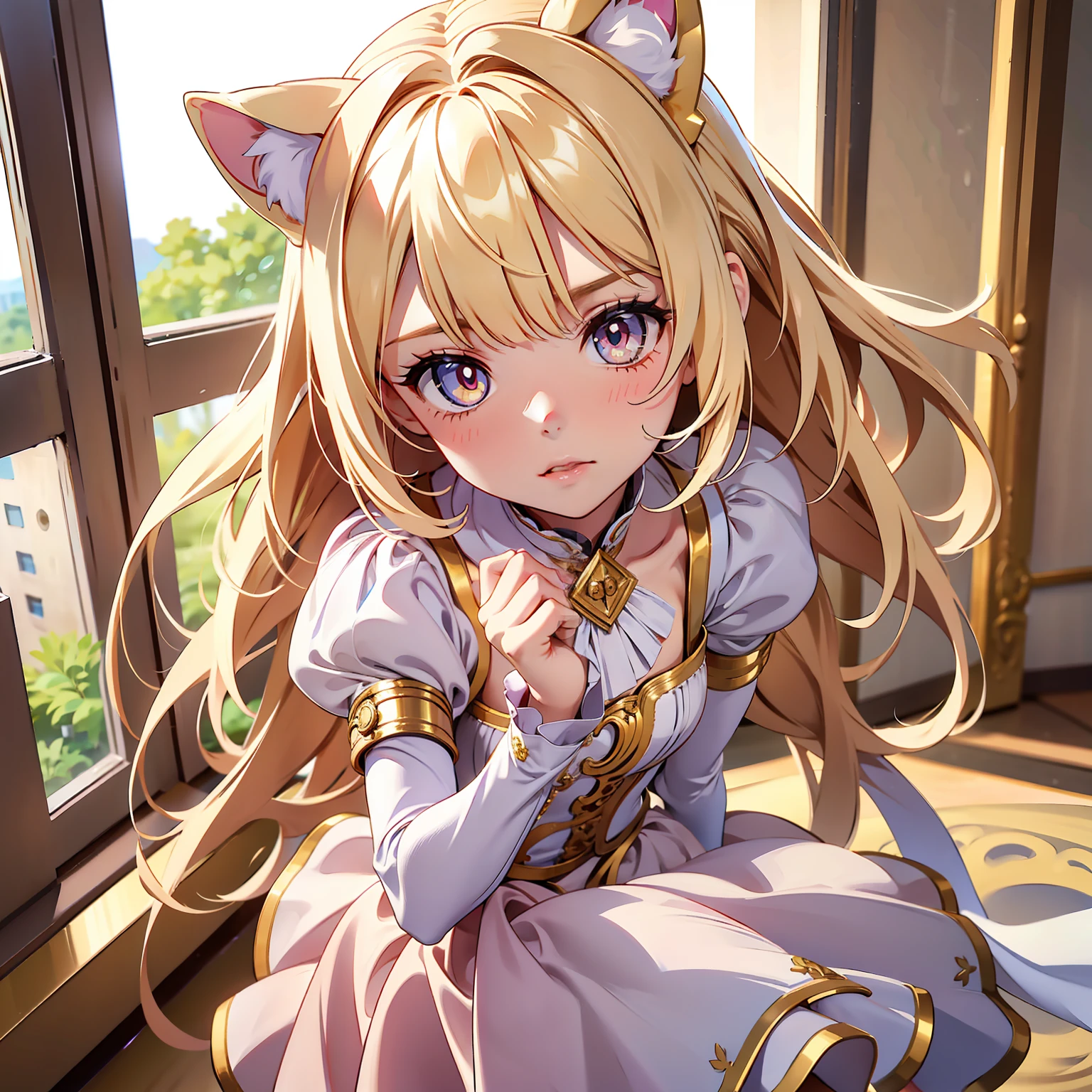 8K,high qulity,One Little Girl,Fine face,blond hairbl,adolable,small,blindbox,White cat ears,coda,In the room,Short pink and white skirt,Golden decoration,head portrait,The upper part of the body