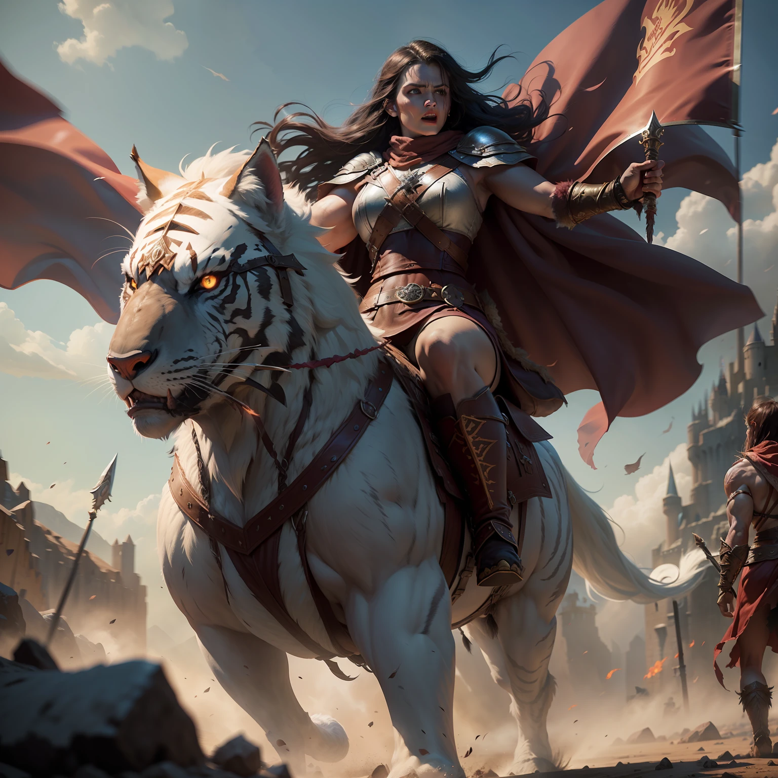 dungeons and dragons epic movie poster barbarian woman with cape charging into battle violent roar riding a vicious ice [wolf|tiger] beast leather and fur boots warriors and red banners (windy dust debris storm:1.1) volumetric lighting fog depth mist pass z pass great stone castle very bright morning sunlight from side, (masterpiece) (best quality) (detailed) (8k) (cinematic lighting) (sharp focus) (intricate)