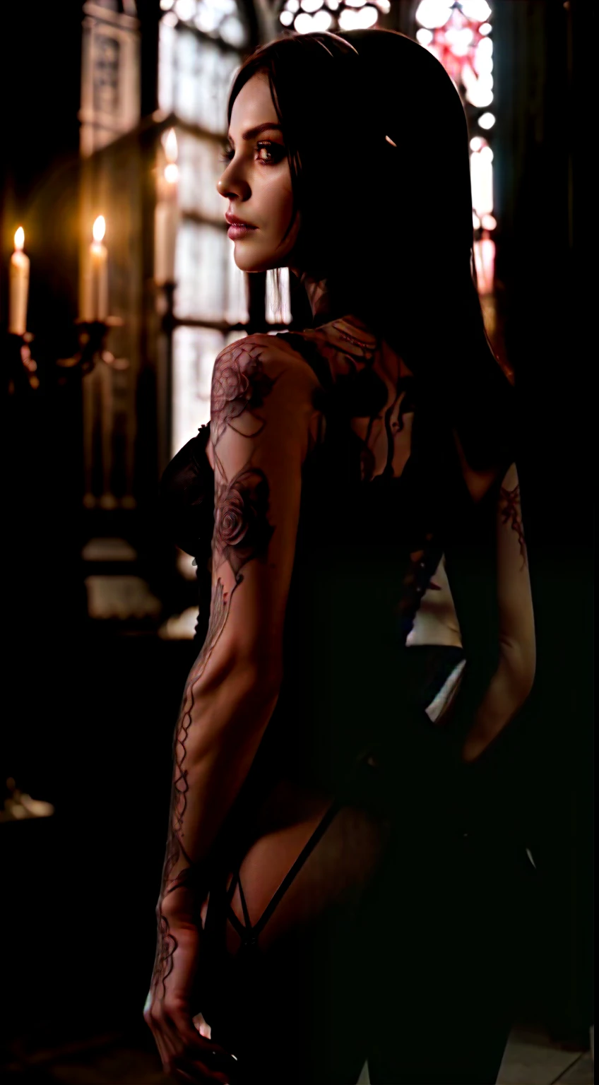 creepy, full moon, evil, skeleton bride, solo, wedding, rose, ((masterpiece, high resolution)), ((8k, high detail)), dark lightning, ((line art)), (man type), broad shoulders, hard trance, really sexy, transparent clothes, posing in a gothic cathedral, candles far in background.
