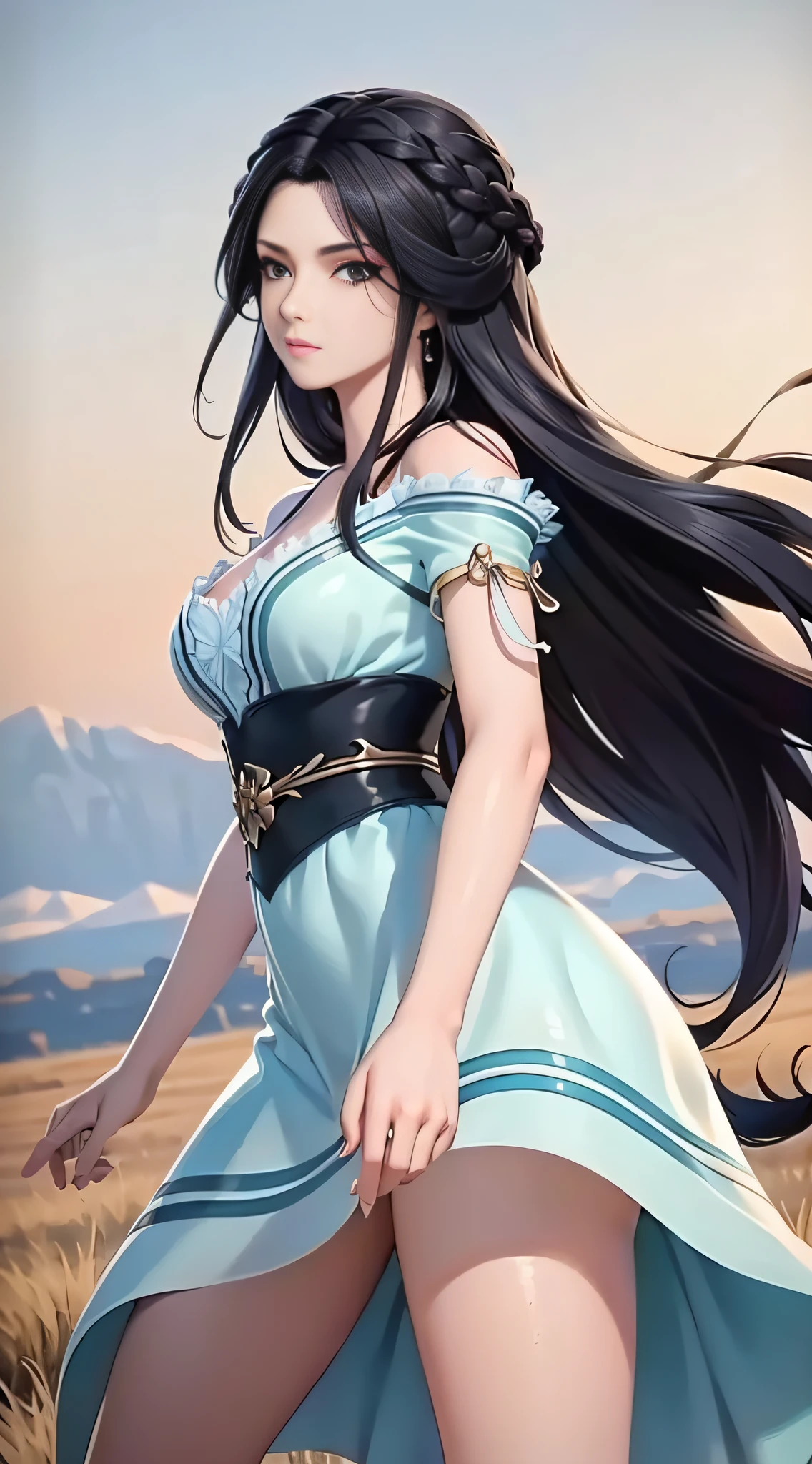 masterpiece,best quality,1girl, black hair, bare shoulders, long hair, dress,cowboy shot, dynamic pose, dynamic angle,