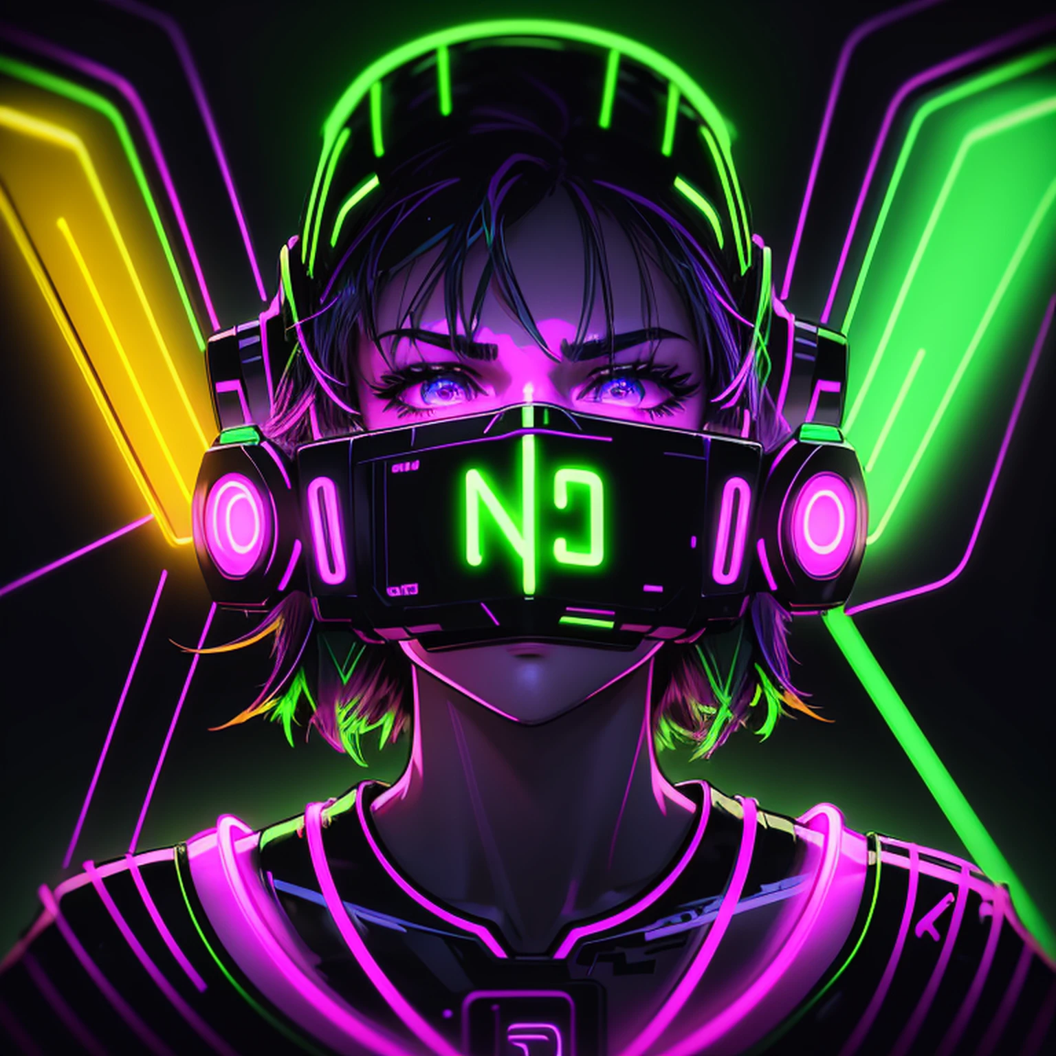Neon letter I with green and purple neon, Neon post, Neon lines, neon volumetric lights, colored neons, colorful neon, illuminated neon lines, lined with neon tube lights, neon light edge, neonlight, neon lines, neon lighting medium full shot, Artificial neon signs, symmetrical neon rim light, High action luminous neon signs