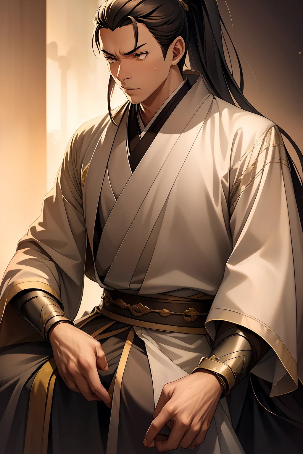 quadratic element，style of anime，mtu（Male Warrior），The proportions are correct，Face details，swordsmen，High ponytail hairstyle，Neck details，There is an Adam's apple，Golden Hanfu，kaftan，Embroidered robes，Gold robe，clothes details，Handing over，longer sleeves，Game quality，Swordsmanship，Light and shadow tracking，Ray traching，detailed glow，cg render，hair detail，cabellos largos dorados，Golden eyes，Handsome，Handsome，（juvenile sense），Clothing is complicated，Perfectcomposition，Refinement，high qulity，higher details，Lots of details，The background is complex，a sense of atmosphere，