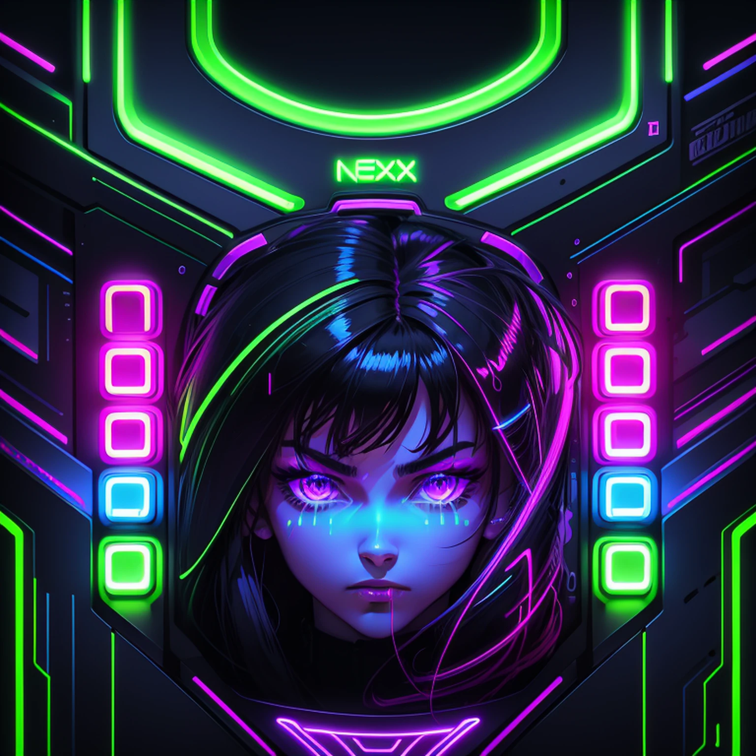 Neon letter I with green and purple neon, Neon post, Neon lines, neon volumetric lights, colored neons, colorful neon, illuminated neon lines, lined with neon tube lights, neon light edge, neonlight, neon lines, neon lighting medium full shot, Artificial neon signs, symmetrical neon rim light, High action luminous neon signs