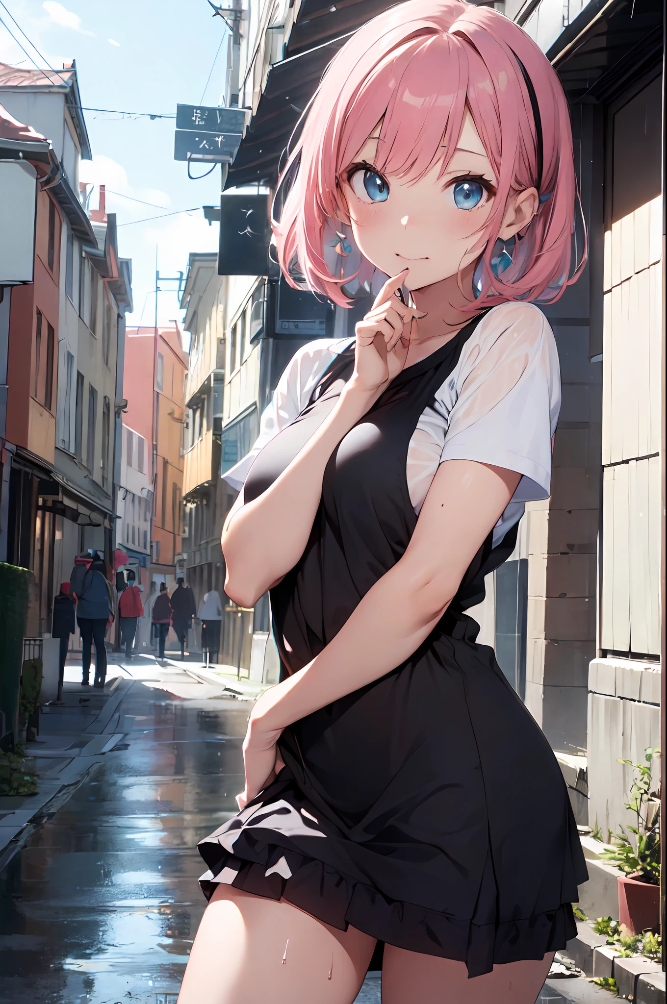 ((best qualtiy, 8K, tmasterpiece:1.3)), Focus:1.2, perfect figure beautiful woman:1.4, Cocked buttocks:1.2, ((Cut hair in layers, Beautiful breasts:1.2)), (wetclothes:1.1) , (rain, street:1.3), Bandeau dress:1.1, Highly detailed facial and skin texture, A detailed eye, 二重まぶた，Whiten skin，long whitr hair，Sit Pose，and hold your head in your hands，long whitr hair，Coiled hair , pink hair , blue eyes