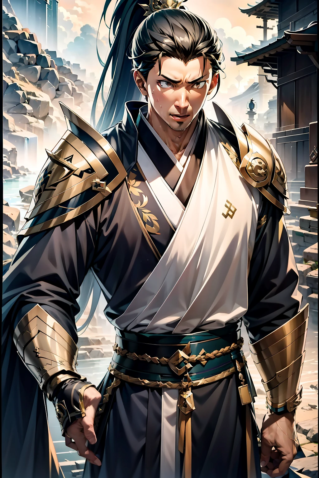 quadratic element,style of anime,mtu(Male Warrior),The proportions are correct,Face details,swordsmen,High ponytail hairstyle,Neck details,There is an Adam's apple,Golden Hanfu,kaftan,Embroidered robes,golden robes,clothes details,Handing over,longer sleeves,Game quality,Swordsmanship,Light and shadow tracking,Ray traching,detailed glow,cg render,hair detail,cabellos largos dorados,Golden eyes,Handsome,Handsome,(juvenile sense),Clothing is complicated,Perfectcomposition,Refinement,high qulity,higher details,Lots of details,The background is complex,a sense of atmosphere,