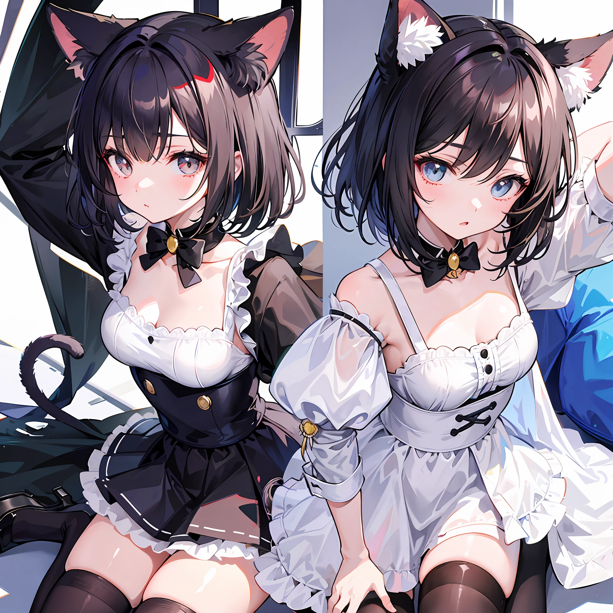(Best quality),(Detailed), (1 girl),Kizi,a cat tail,There are cat ears on the top of the head,white thighhighs, short detailed hair,brunette color hair,Medium breasts,Orgasmic face,is shy