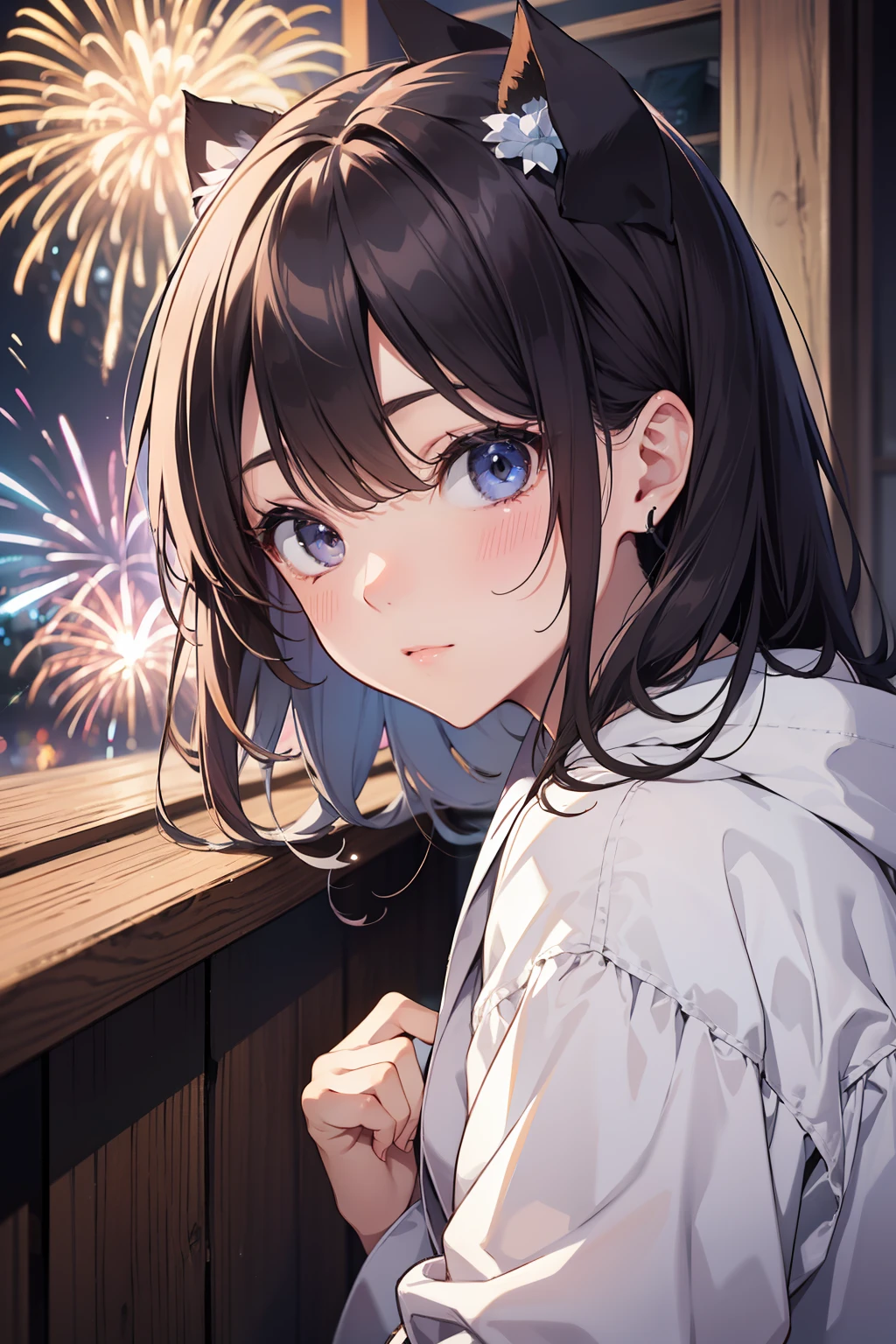 high-level image quality、top-quality、Detailed drawing、Does not blush cheeks、Slender adult beauty、bathrobe、swimware、Small eyes、Medium chest、Twin-tailed、Fireworks Festival、Turn around