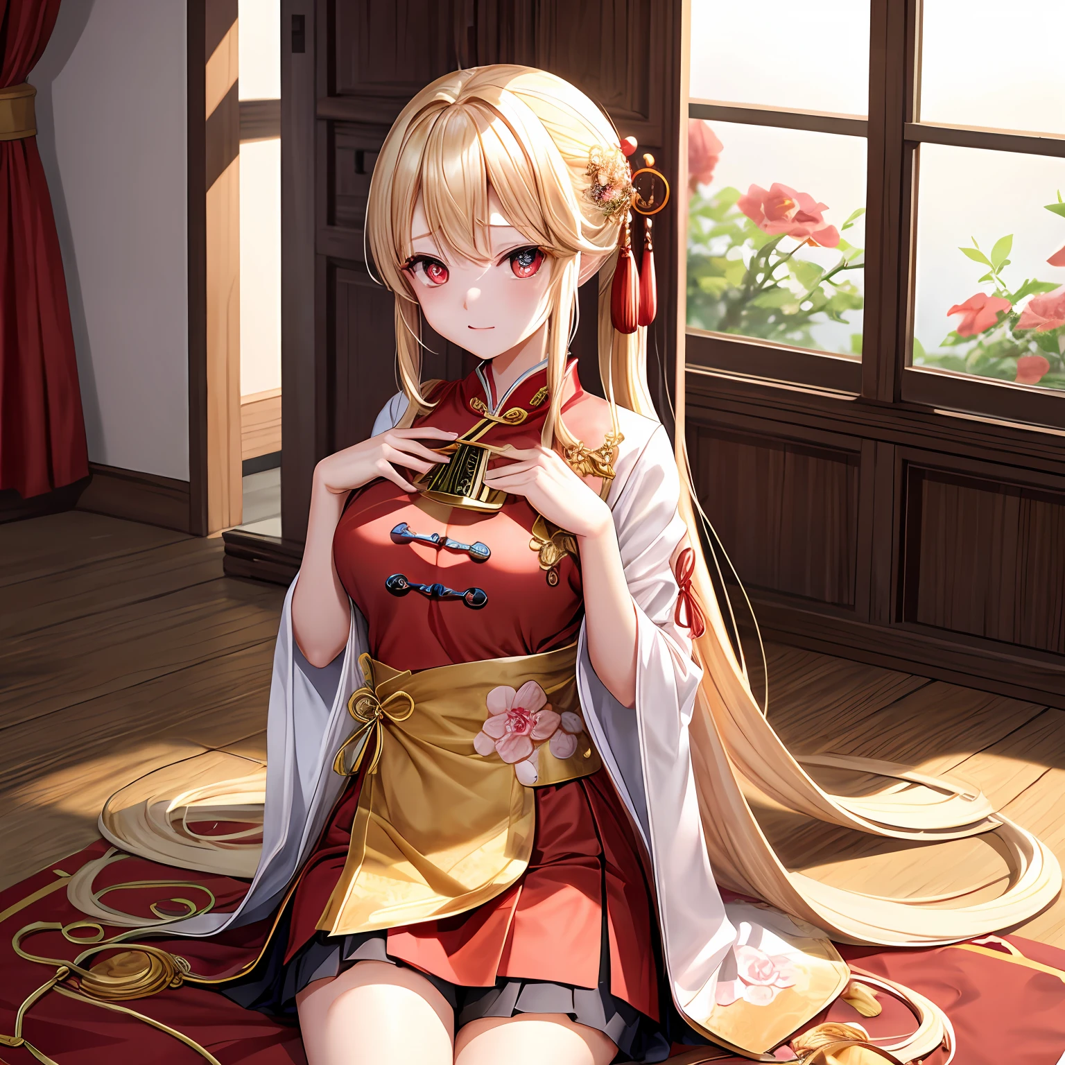 a blond、red eyes、Beautiful girl alone、kawaii、独奏、animesque、Chinese clothing、The chest is open、a miniskirt、inside in room