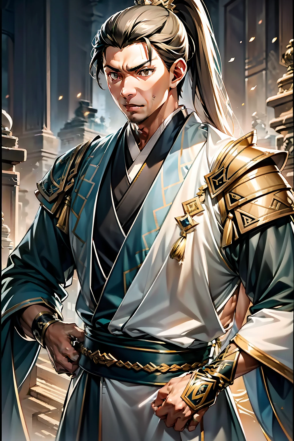 quadratic element,style of anime,mtu(Male Warrior),The proportions are correct,Face details,swordsmen,High ponytail hairstyle,Neck details,There is an Adam's apple,Golden Hanfu,kaftan,Embroidered robes,Golden robe,clothes details,Handing over,longer sleeves,Game quality,Swordsmanship,Light and shadow tracking,Ray traching,detailed glow,cg render,hair detail,cabellos largos dorados,Golden eyes,Handsome,Handsome,(juvenile sense),Clothing is complicated,Perfectcomposition,Refinement,high qulity,higher details,Lots of details,The background is complex,a sense of atmosphere,