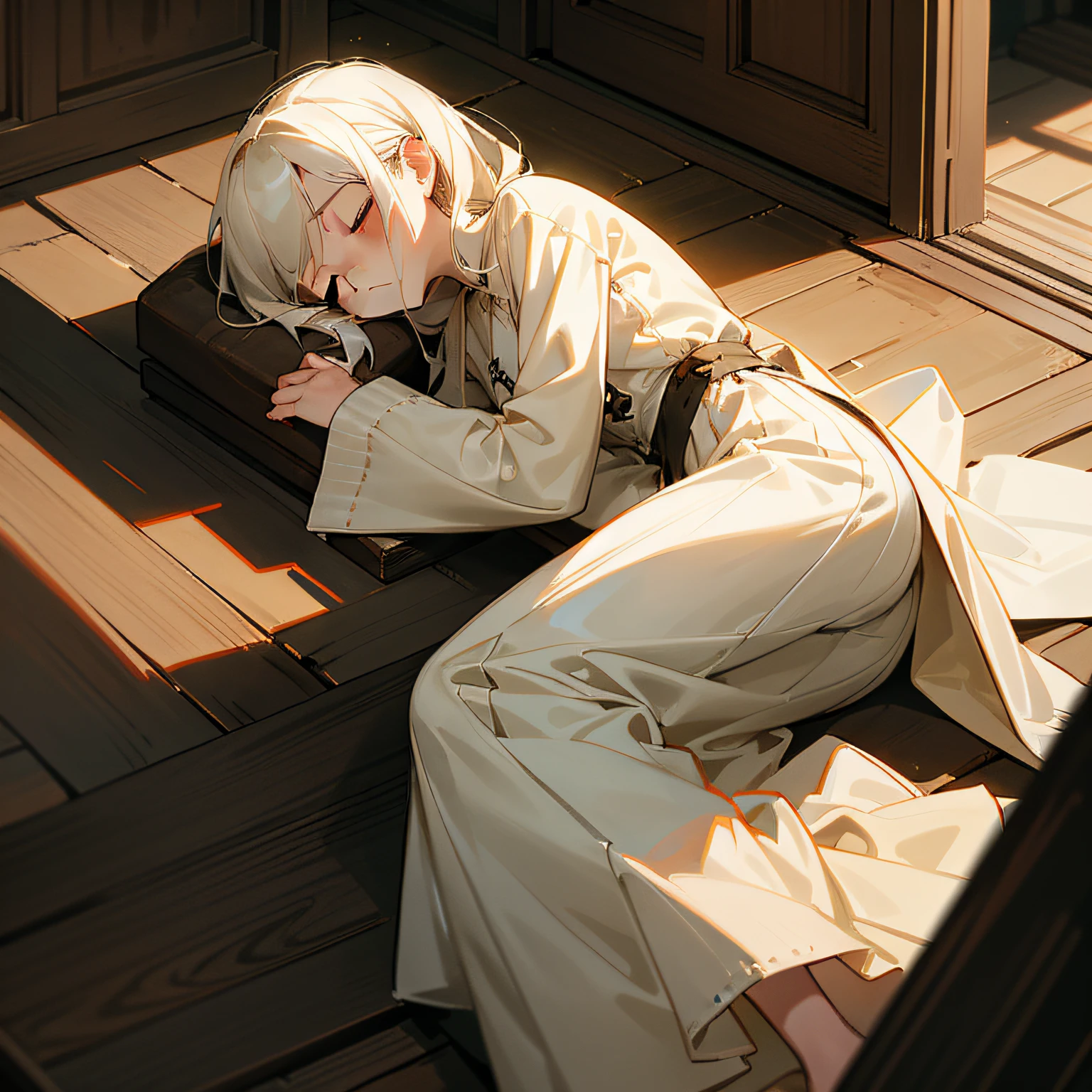 (1人)(On the ground lay a female corpse,eyes closed tight,Dim background,Shabby wooden doors)
