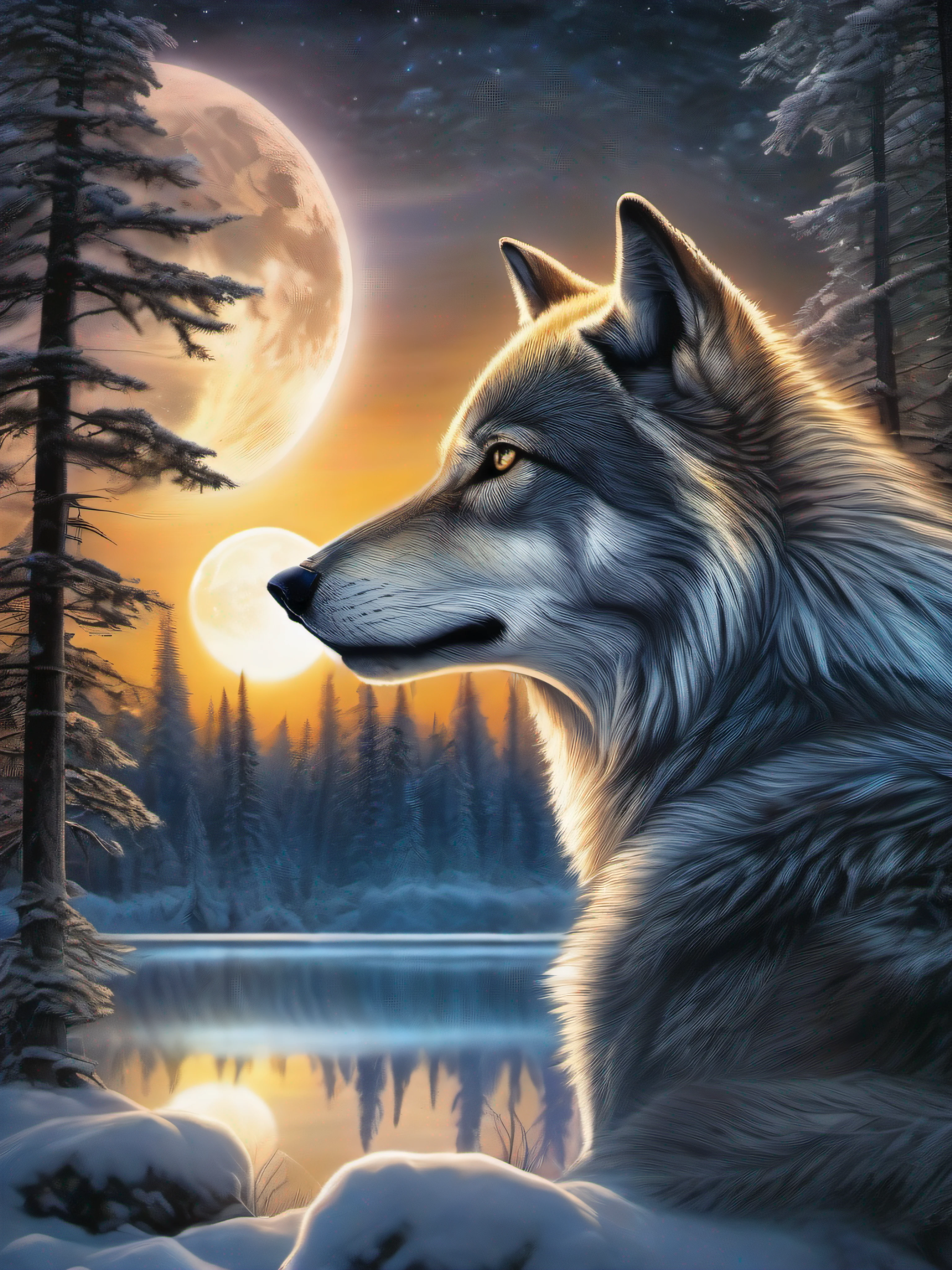Create a vivid realistic and mesmerizing photo depicting an iridescent wolf amidst a starry night with a full moon. Capture the essence of its fierce nature as its piercing eyes gleam with aggression. The wolf's fur exhibits shades of gray and black, beautifully reflecting the celestial hues. Let the setting be a serene clearing in a dense forest of towering evergreen firs. Let your imagination run wild and bring this captivating scene to life on the canvas.
