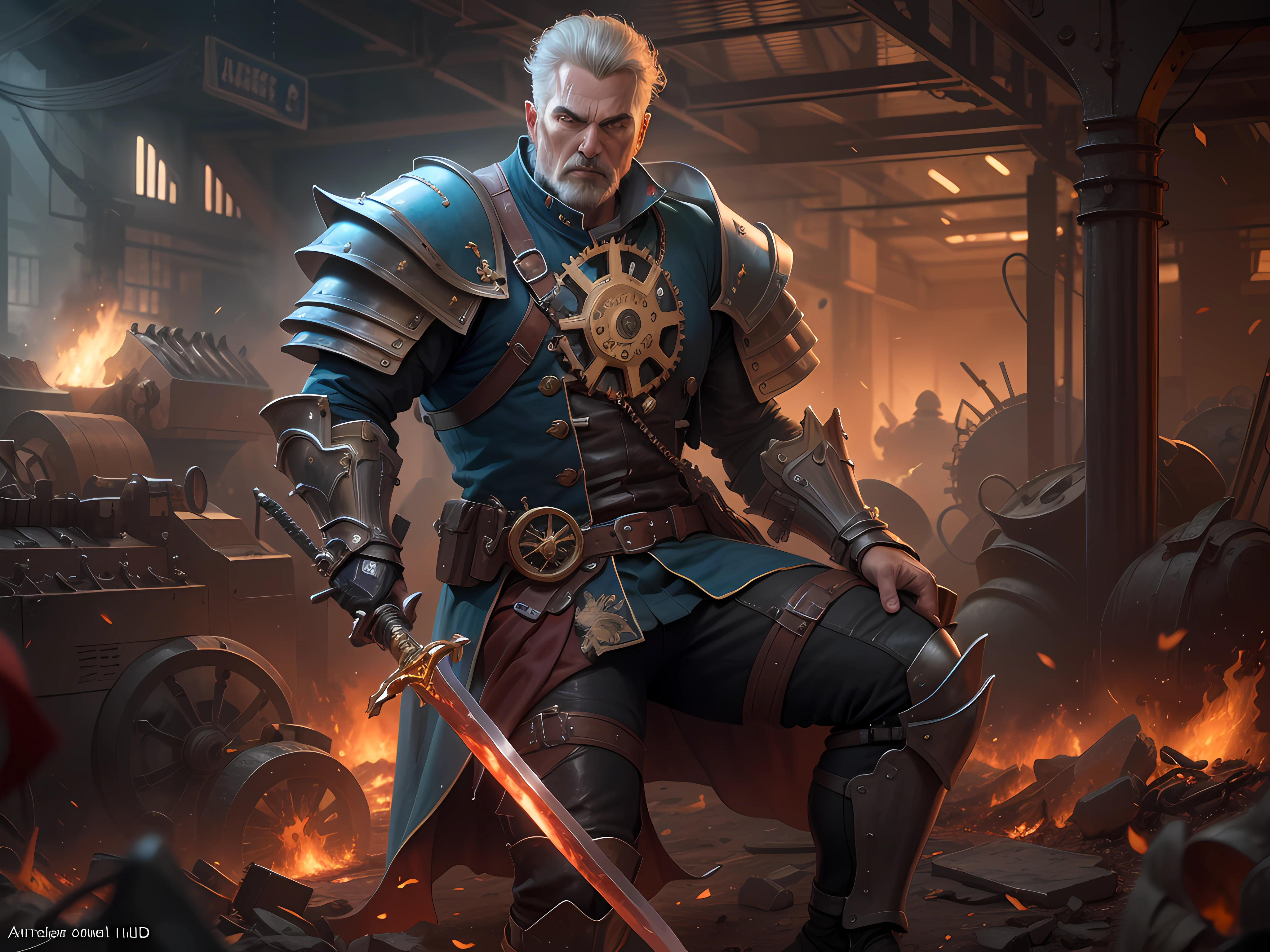 a European General Man, Blonde, tanned skin, cold-looking blue eyes, old face, musclular body, wearing steampunk steel armor, carry a long sword, steampunk, steampunk knight, fantasy steampunk paladin carry a long sword behind waist, masterpiece, best quality, General Man leading him army into battle, heroic, bright, moody, intense, steampunk knight, realistic shadows, high quality, ultra detailed in 4k, 8k, high resolution, sharp focus, depth of field, faded, (neutral colors:1.2), (hdr:1.4), (muted colors:1.2), hyperdetailed, (artstation:1.4), mechanism gears, industry technology, automaton, electric sparks cinematic atmosphere. (rutkowski:0.66), (teal and orange:0.4)", steampunk battle city background, monster in a battlefield of blood and fire. As he fought, the bodies of his enemies piled up around him, but he remained untouched, his figure growing larger and more majestic with each passing moment. Finally, after defeating the entire army alone, the general stood victorious, his sword still raised high. His bravery and triumph filled the battlefield with a sense of solemn grandeur. hdr, (photorealism, masterpiece quality, best quality). masterpiece, best quality, etermined expression, technomancer dark couds, floating lights, colorful leather vest with gears, techwear, steampunk in the background, machines, gears, steam, industry, technology, oven, dirt, anvil, buttons, levers, automaton, electricity, electric sparks epic atmosphere.