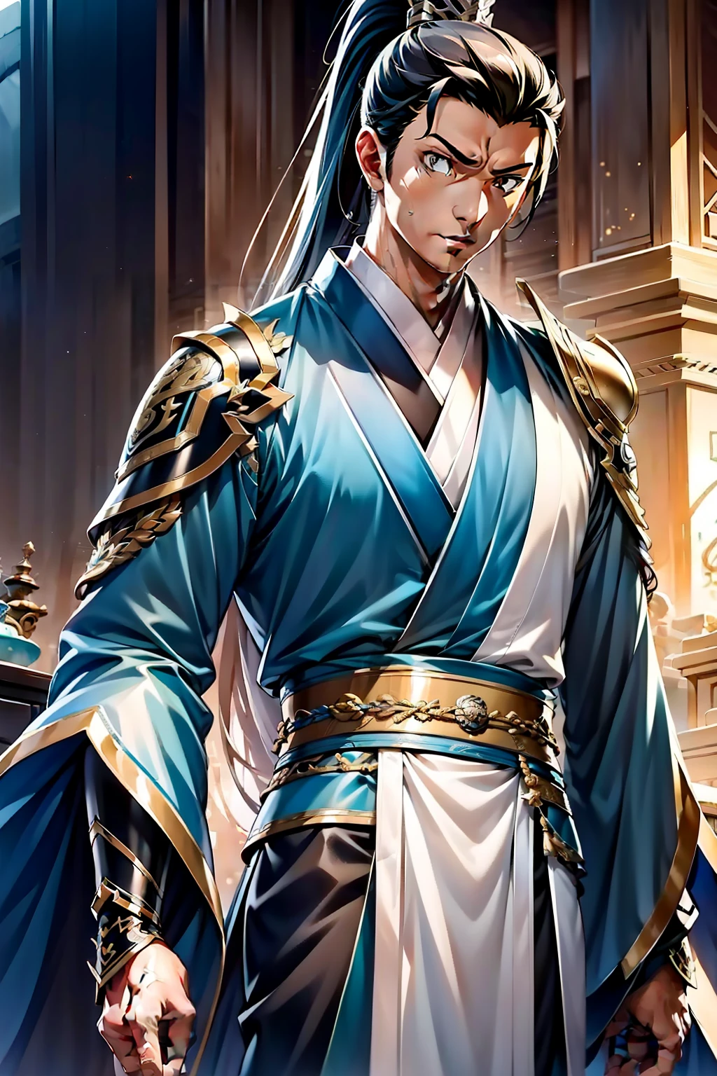 quadratic element,style of anime,mtu(Male Warrior),The proportions are correct,Face details,swordsmen,High ponytail hairstyle,Neck details,There is an Adam's apple,Golden Hanfu,kaftan,Embroidered robes,Golden robe,clothes details,Handing over,longer sleeves,Game quality,Swordsmanship,Light and shadow tracking,Ray traching,detailed glow,cg render,hair detail,cabellos largos dorados,Golden eyes,Handsome,Handsome,(juvenile sense),Clothing is complicated,Perfectcomposition,Refinement,high qulity,higher details,Lots of details,The background is complex,a sense of atmosphere,
