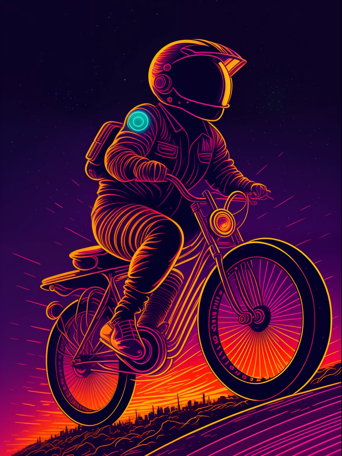 vintage neon sunset, retro bike
