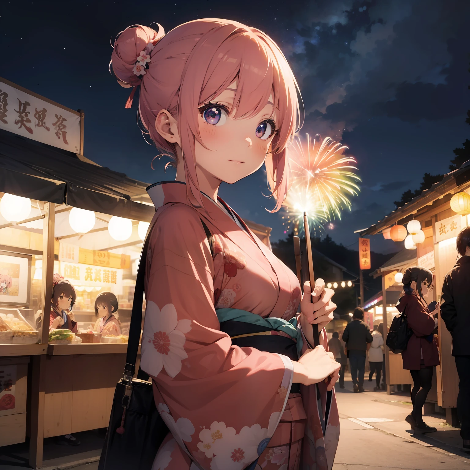 masterpiece、Top image quality、Thick contour lines、Detailed drawing、Girl with pink hair、Bun hair arrangement、I'm wearing a Japan kimono、Big fireworks are set off in the dark night sky、There are many food stalls around.、