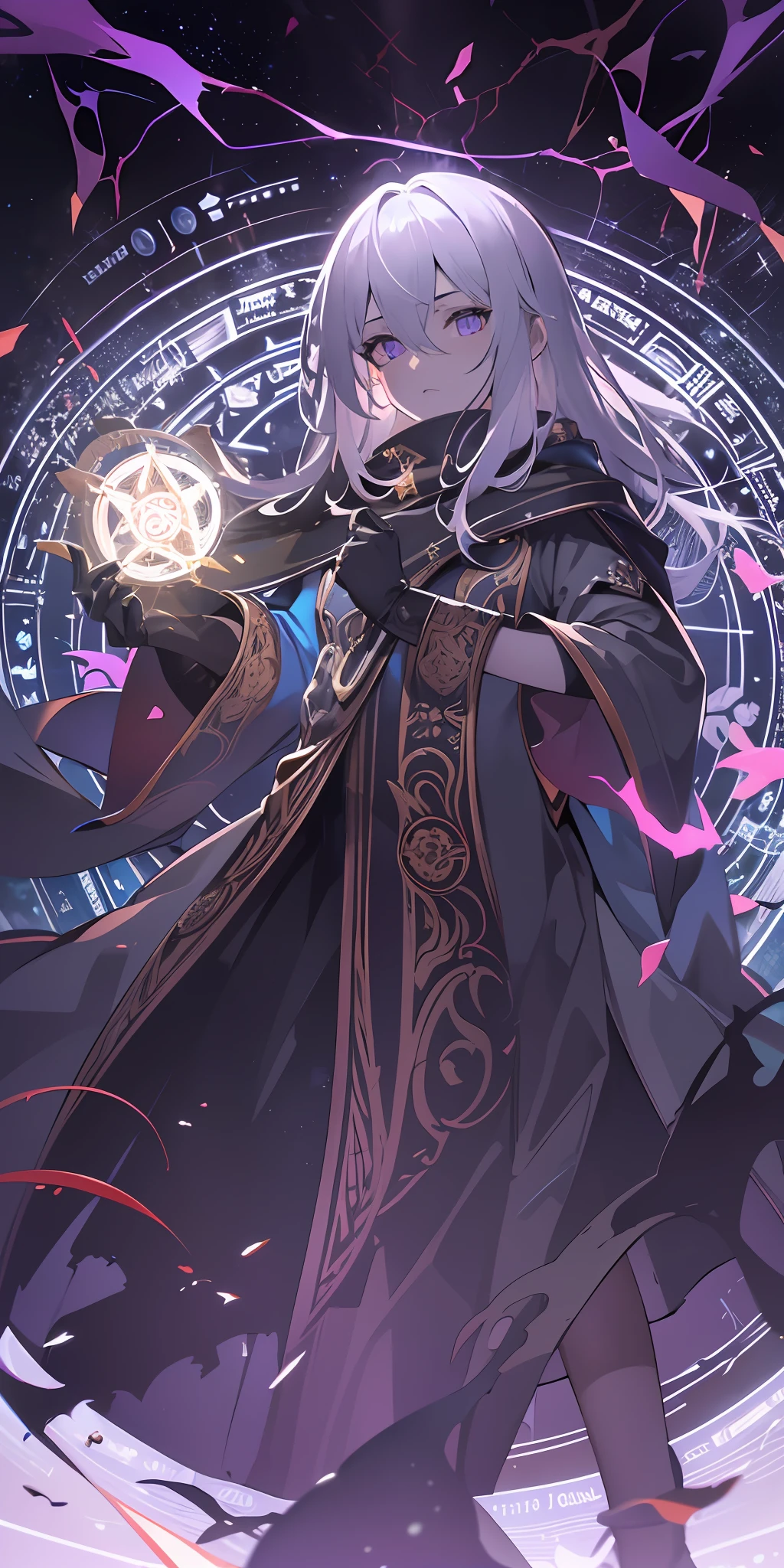 (masterpiece, best quality, ultra-detailed, best shadow), (detailed background,dark fantasy), (beautiful detailed face), high contrast, (best illumination, an extremely delicate and beautiful), ((cinematic light)), colorful, hyper detail, dramatic light, intricate details, (1girl, solo,white hair, sharp face,purple eyes, hair between eyes,dynamic angle), blood splatter, swirling black light around the character, depth of field,black light particles,(broken glass),magic circle, looking in front, god, high detail, holding lightning bolt in one hand and a planet in another hand,