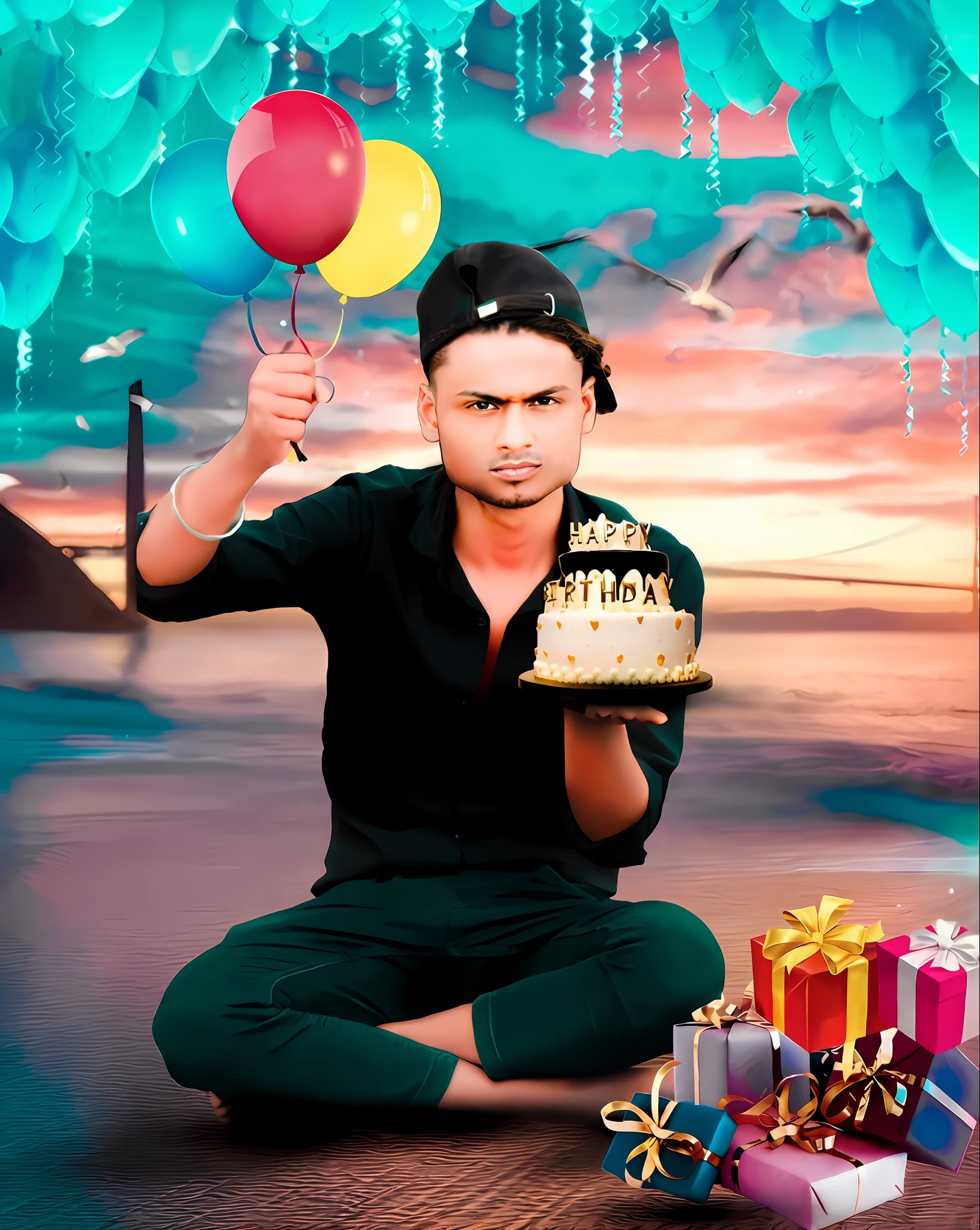 there is a man holding a cake with candles and balloons, made with photoshop, edited in photoshop, photo manipulation, holding a birthday cake, [ digital art ]!!, happy birthday, digital art!!, edited, modeling photography, photoshoped, made in photoshop, rendering, complex background, celebrating a birthday, made in maya and photoshop, digital art but photo, birthday