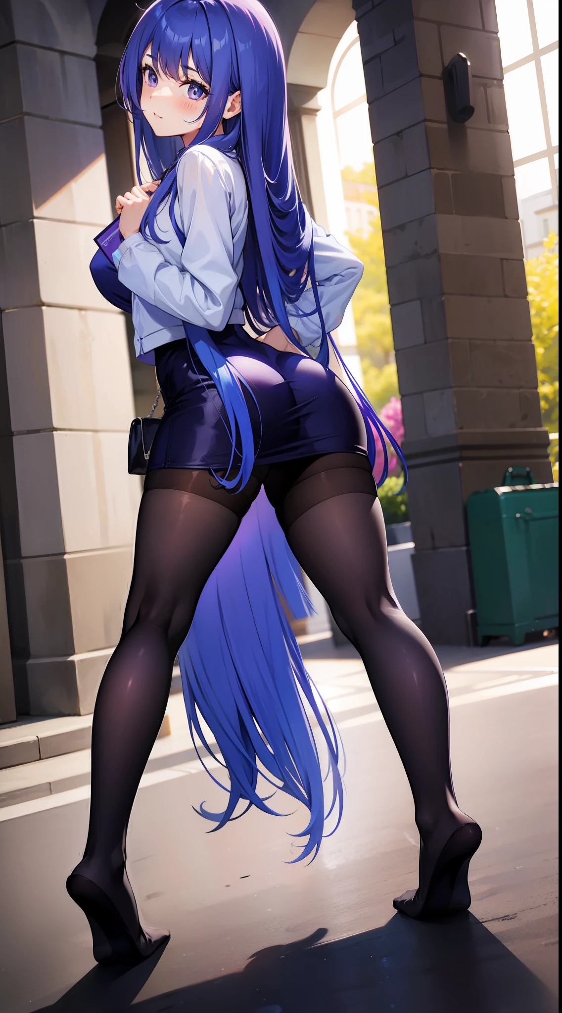 blue long hair,Sexy tights,Purple pantyhose,without wearing shoes