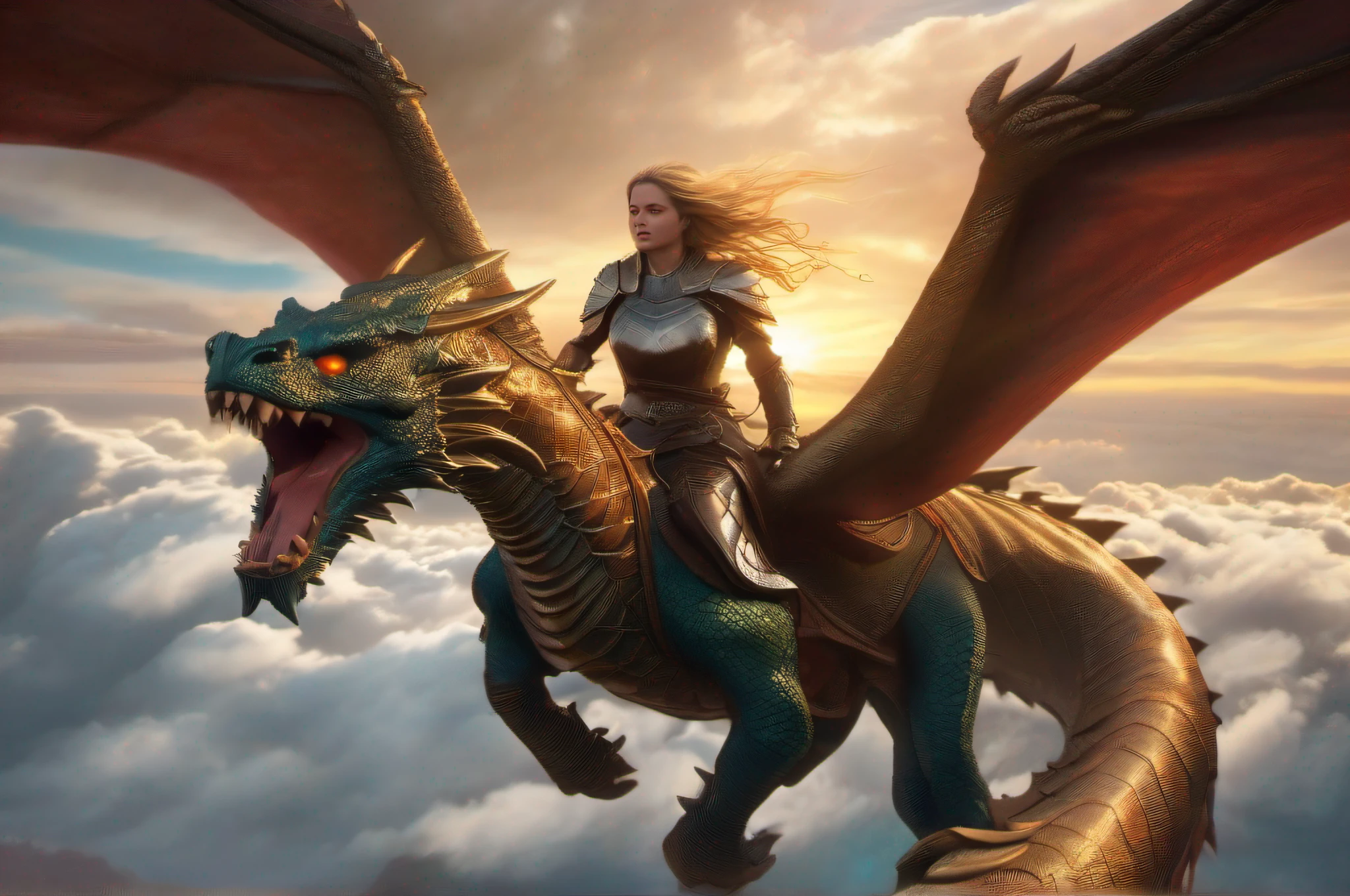 (masterpiece, high resolution, CGI, official art: 1.4), (a brave human female warrior riding a dragon: 1.4), majestic soaring through the skies, creating an epic and impressive scene, enveloped in magical light, intricate details, a high - resolution masterpiece with amazing details and vibrant colors
