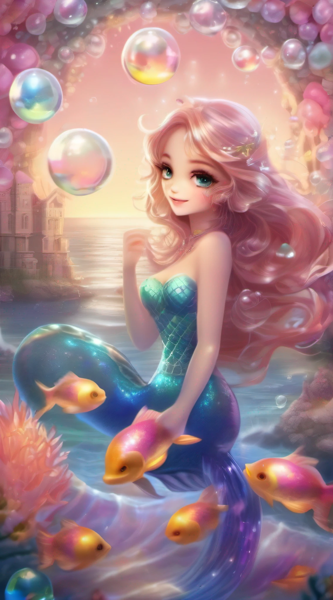 Cute Mermaid、Eau、Mare、Cute smile、Rosa、shimmer、beautidful eyes、stele、Happy smile、delight、A delightful、optic、shimmer、glad、kawaii art、Soap bubbles of light