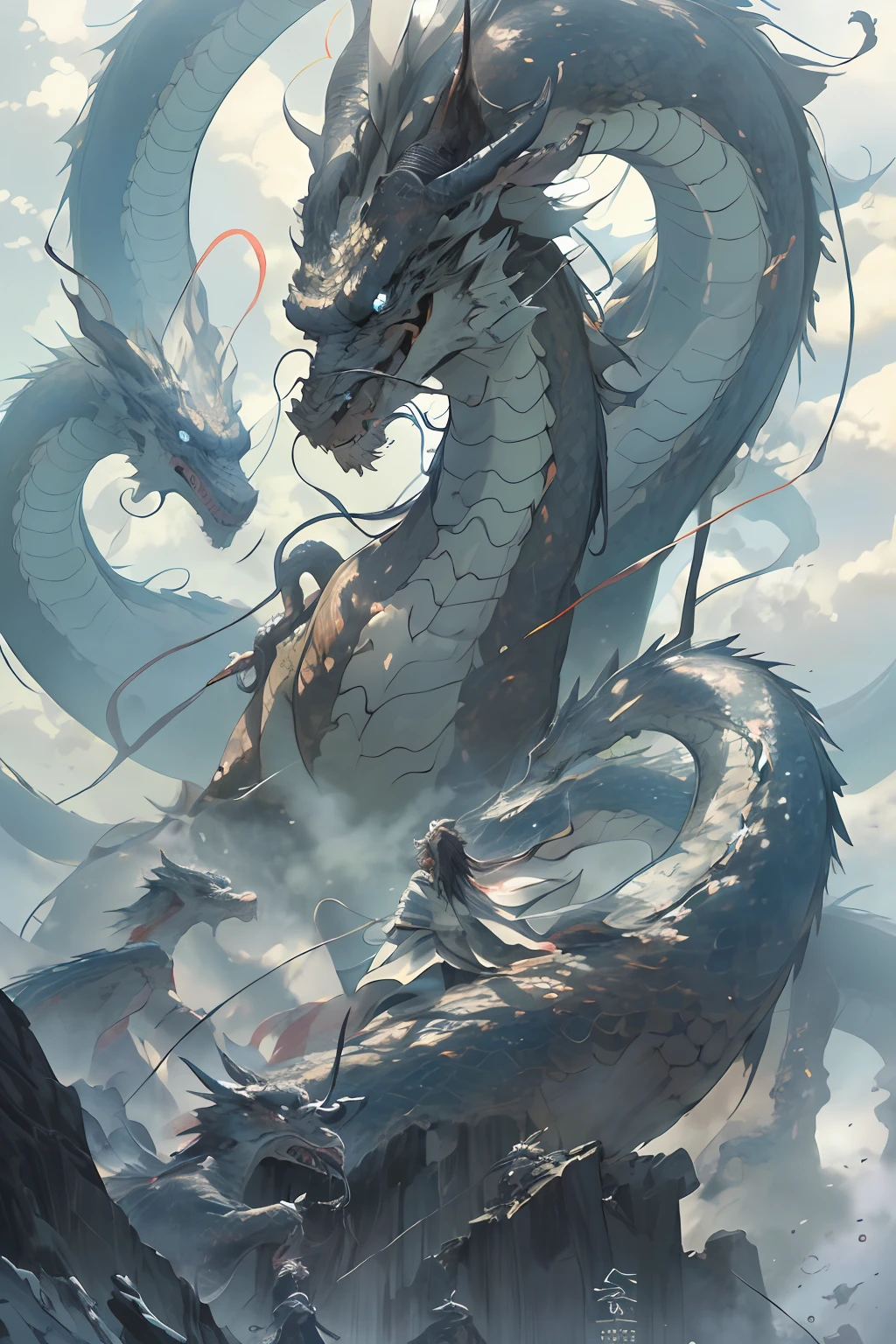 A high resolution, Sharp focus, Pixiv masterpiece, ((Complicated details)), highly detailed, natsuki_subaru, 1 man,Face off with dragons, hoang lap,A high resolution,ultra - detailed,moody light,A tranquil,serenidade,brightly,tmasterpiece,best qualtiy,Menacing dragon next door