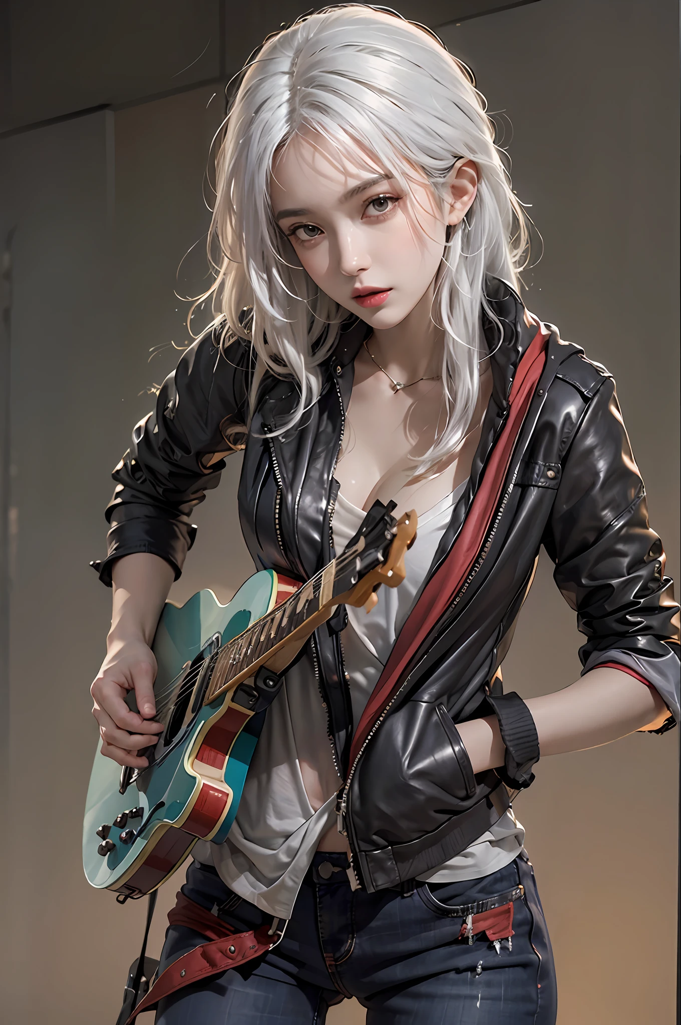 photorealistic, high resolution, 1 women, solo, hips up, look at viewer, (detailed face), white hair, long hair, medium breasts, wanderer clothes, jacket, playing guitar