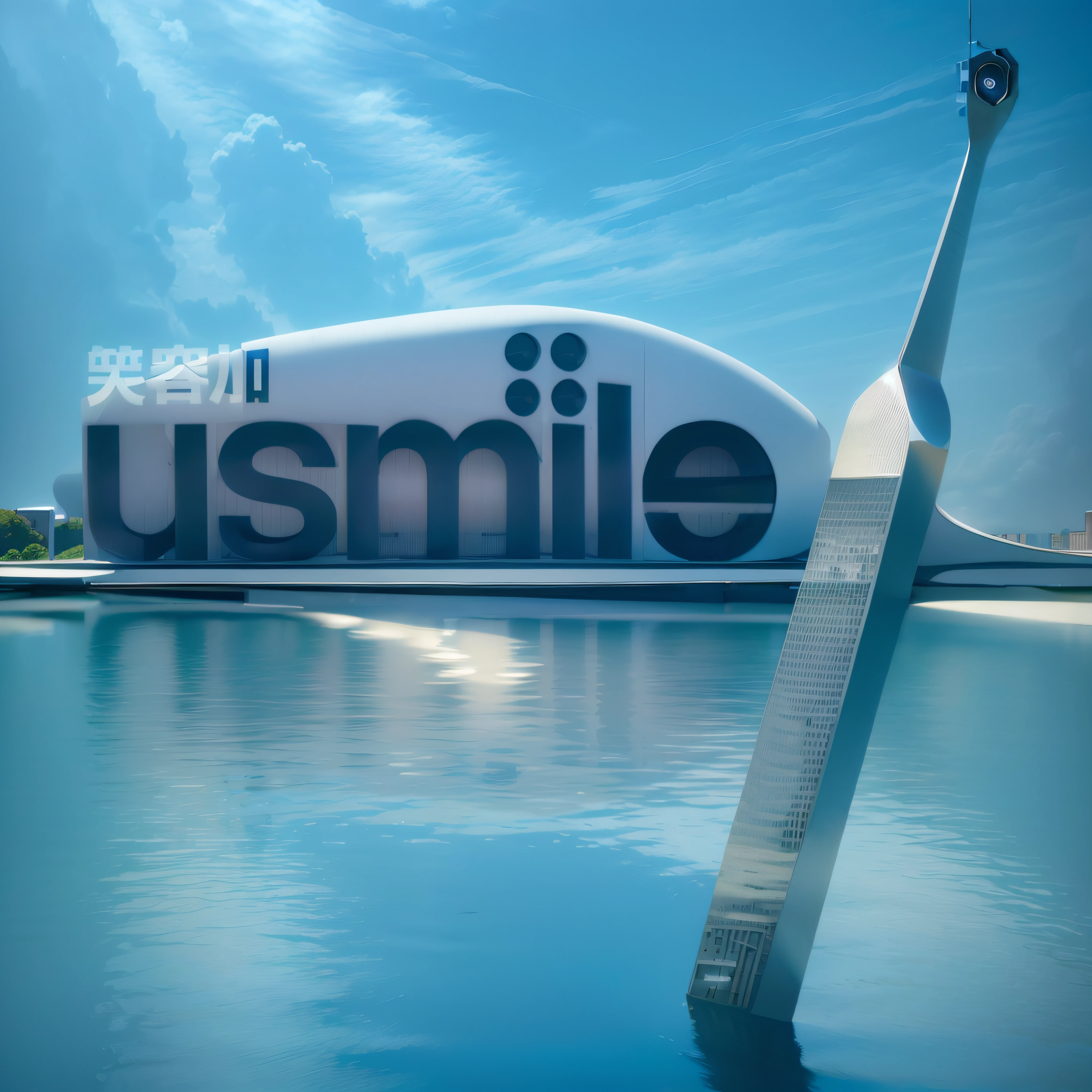 futuristic building,(Masterpiece),(high high quality),Best quality,Real,(Realistic),ultra - detailed,(fulldetail),(4K),8K, scenery, sky, glass, Outdoors, day, blue-sky, Reflection,low angle shot,Reflected light from the surface of the water,Contre-Jour,Canon camera,wide wide shot