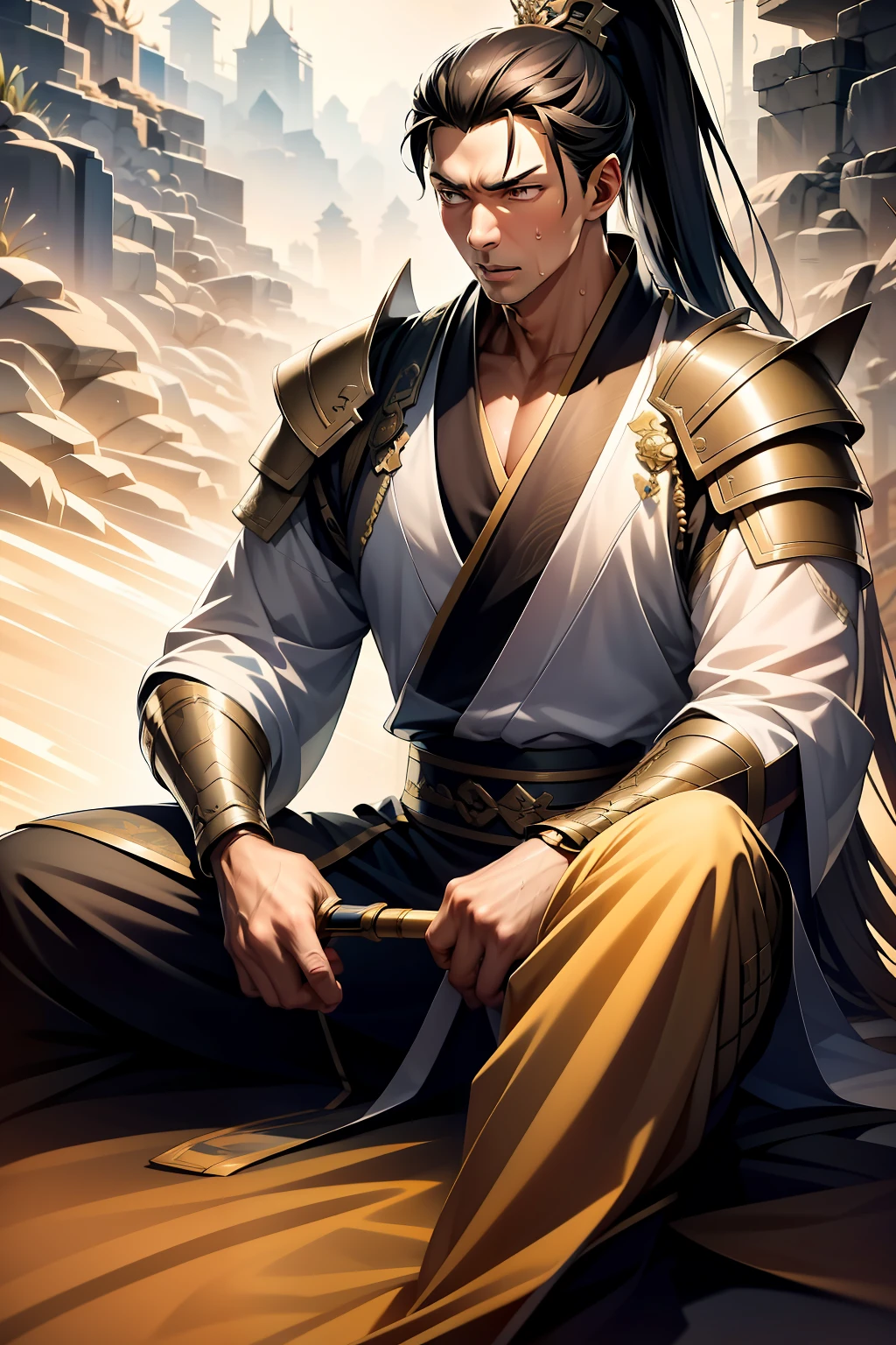 quadratic element,style of anime,mtu(Male Warrior),The proportions are correct,Face details,swordsmen,High ponytail hairstyle,Neck details,There is an Adam's apple,Golden Hanfu,kaftan,Embroidered robes,Golden robes,clothes details,Handing over,longer sleeves,Game quality,Swordsmanship,Light and shadow tracking,Ray traching,detailed glow,cg render,hair detail,cabellos largos dorados,Golden eyes,Handsome,Handsome,(juvenile sense),Clothing is complicated,Perfectcomposition,Refinement,high qulity,higher details,Lots of details,The background is complex,a sense of atmosphere,