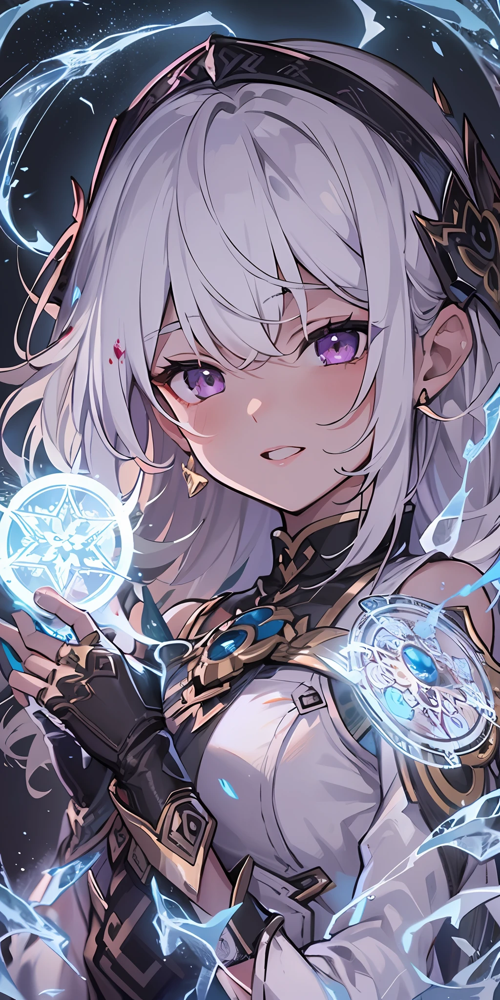 (masterpiece, best quality, ultra-detailed, best shadow), (detailed background,dark fantasy), (beautiful detailed face), high contrast, (best illumination, an extremely delicate and beautiful), ((cinematic light)), colorful, hyper detail, dramatic light, intricate details, (1girl, solo,white hair, sharp face,purple eyes, hair between eyes,dynamic angle), blood splatter, swirling black light around the character, depth of field,black light particles,(broken glass),magic circle, goddess armor, god, cute, holding lightning bolt and a tiny planet, wielding lightning sword, looking in front