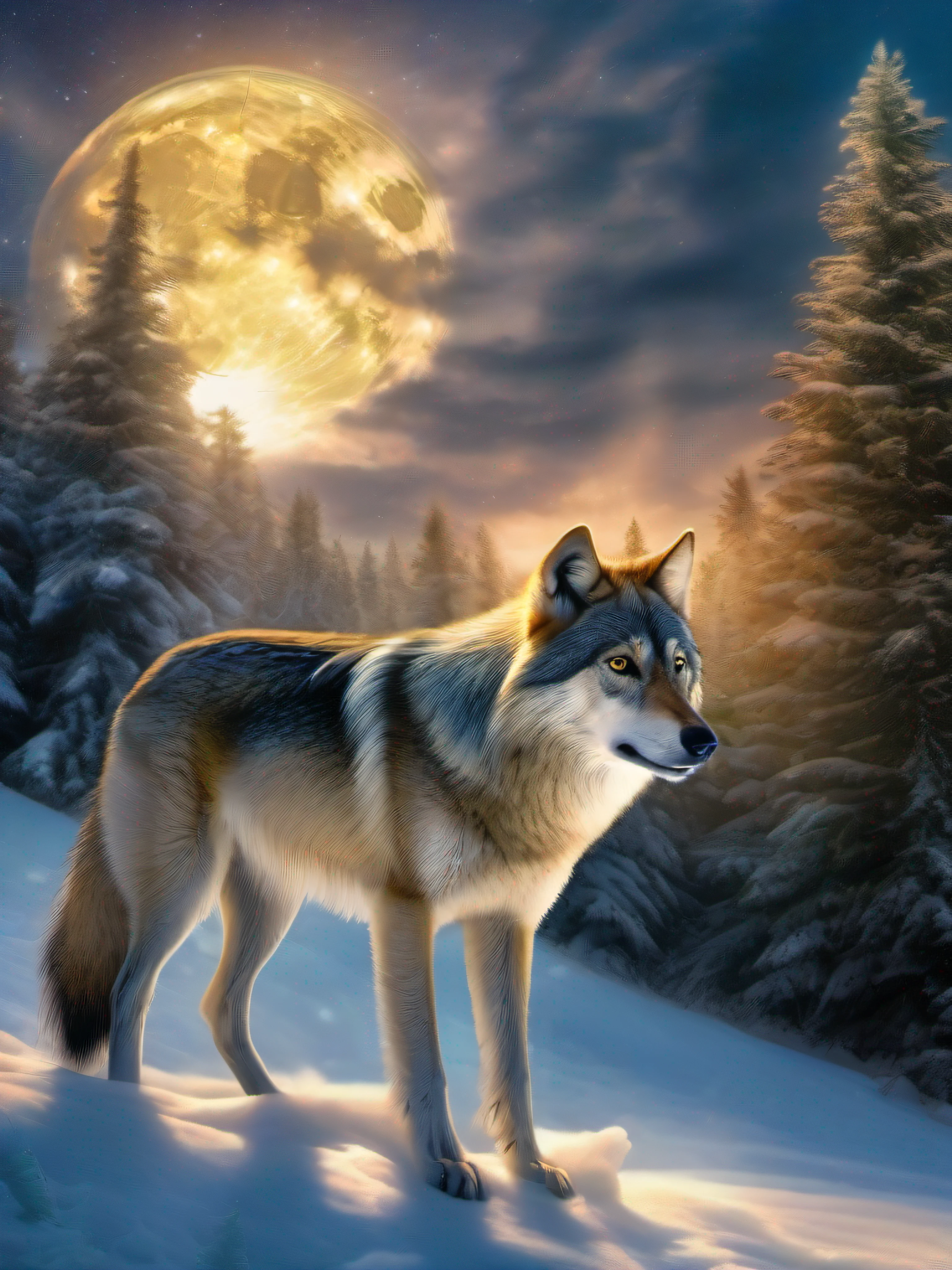 Create a vivid realistic and mesmerizing photo depicting an iridescent wolf amidst a starry night with a full moon. Capture the essence of its fierce nature as its piercing eyes gleam with aggression. The wolf's fur exhibits shades of gray and black, beautifully reflecting the celestial hues. Let the setting be a serene clearing in a dense forest of towering evergreen firs. Let your imagination run wild and bring this captivating scene to life on the canvas, god rays, lens flare, f/2.8, 35mm, Canon, 16k, award winning, best quality, highres, anatomically correct.